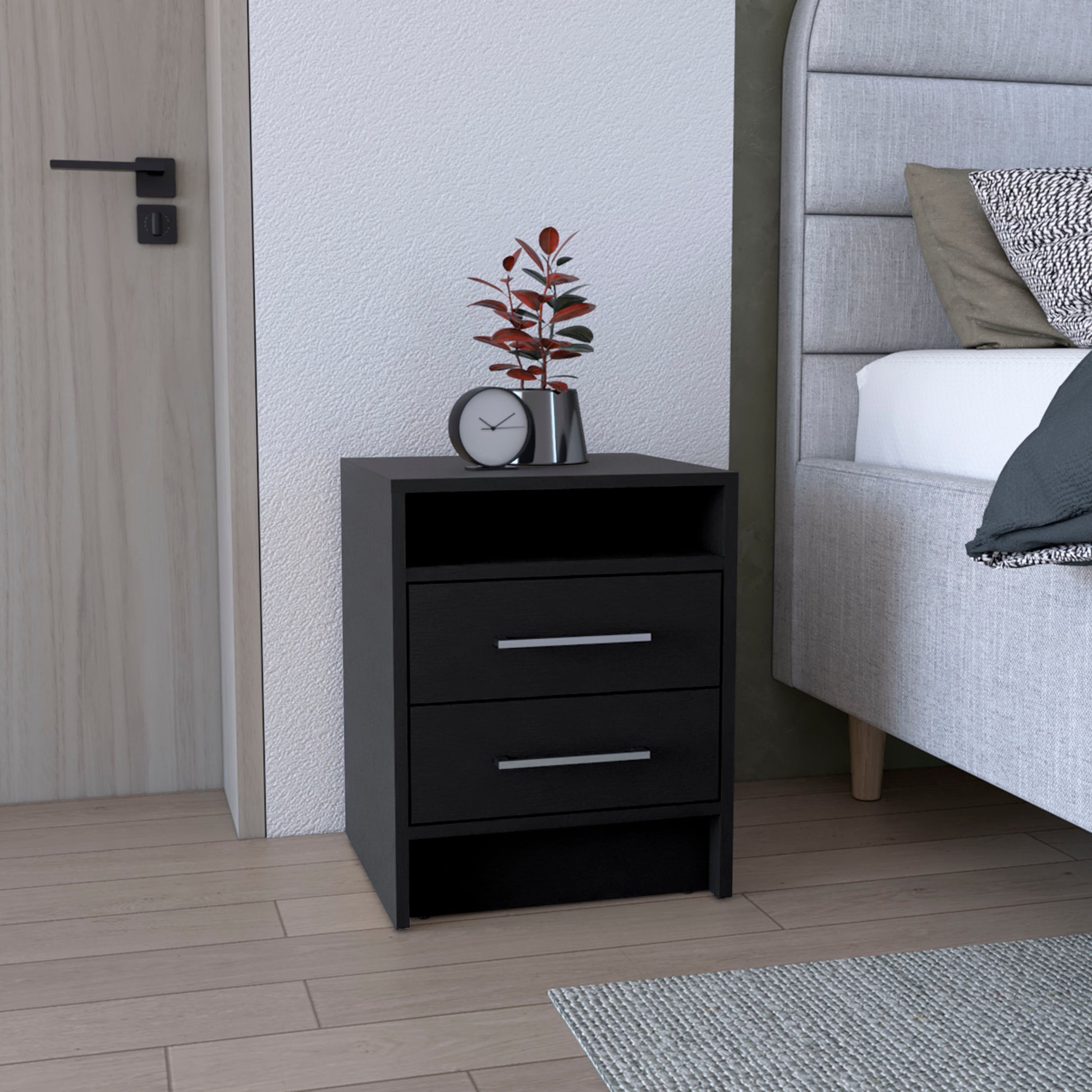 Greter 24" Two Drawer Night Stand With Open Shelf Black Black Particle Board