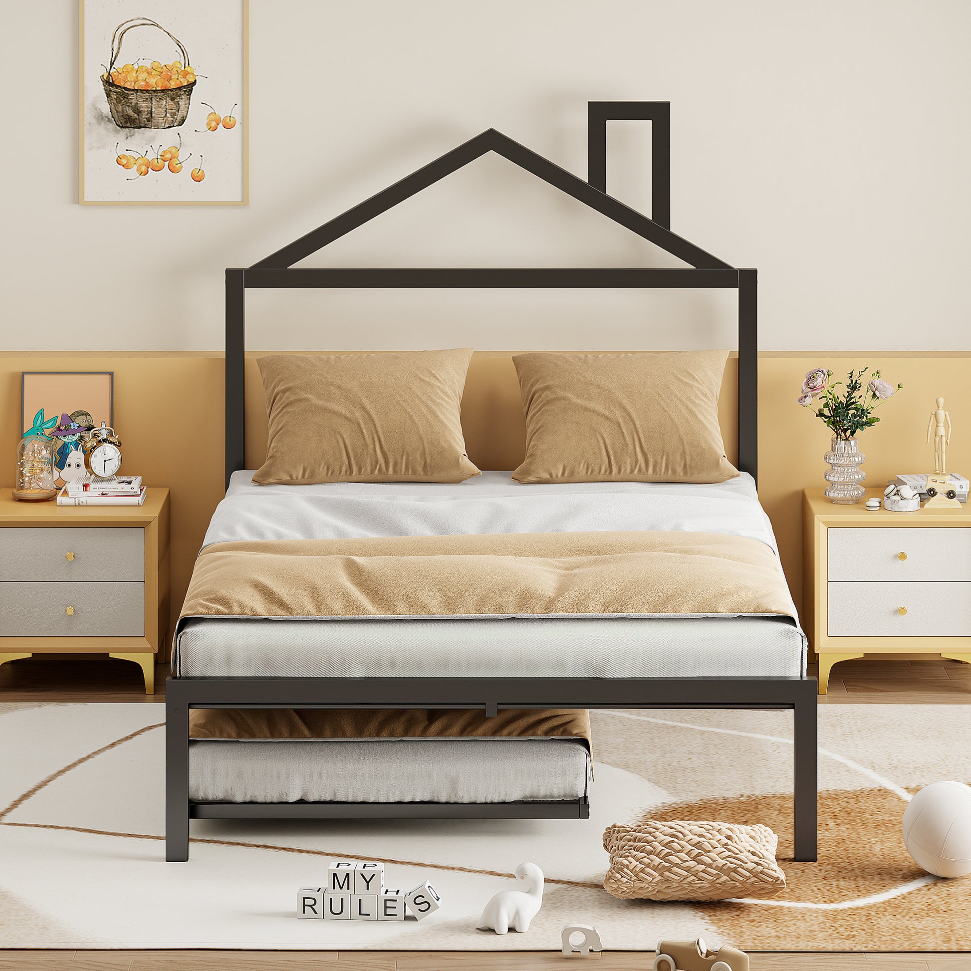 Full Size Metal Platform Bed With Twin Size Trundle,House Shaped Headboard Design, Black Full Black Metal