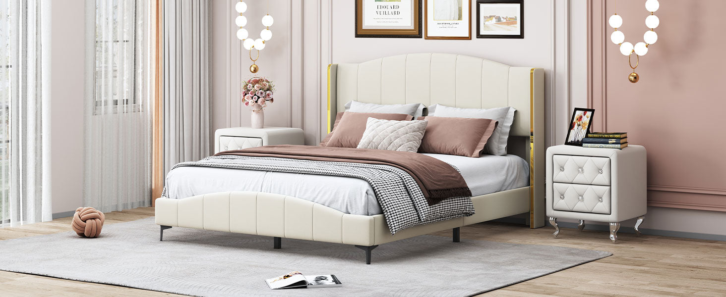 3 Pieces Bedroom Set With Queen Size Pu Leather Upholstered Platform Bed And Elegant Pu Nightstand With 2 Drawersbeige Box Spring Not Required Queen Beige 3 Piece Set Pu