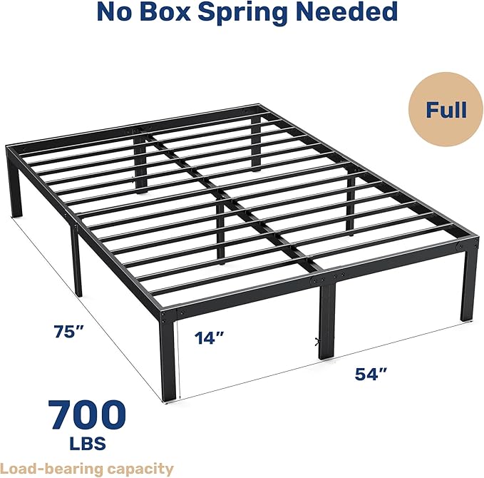 Full Size Bed Frame, 14 Inch Platform Bed No Box Spring Needed, Sturdy Metal Bed Frame Full Size, Storage Space Under The Bed Heavy Duty Frame Bed, Black Black Metal