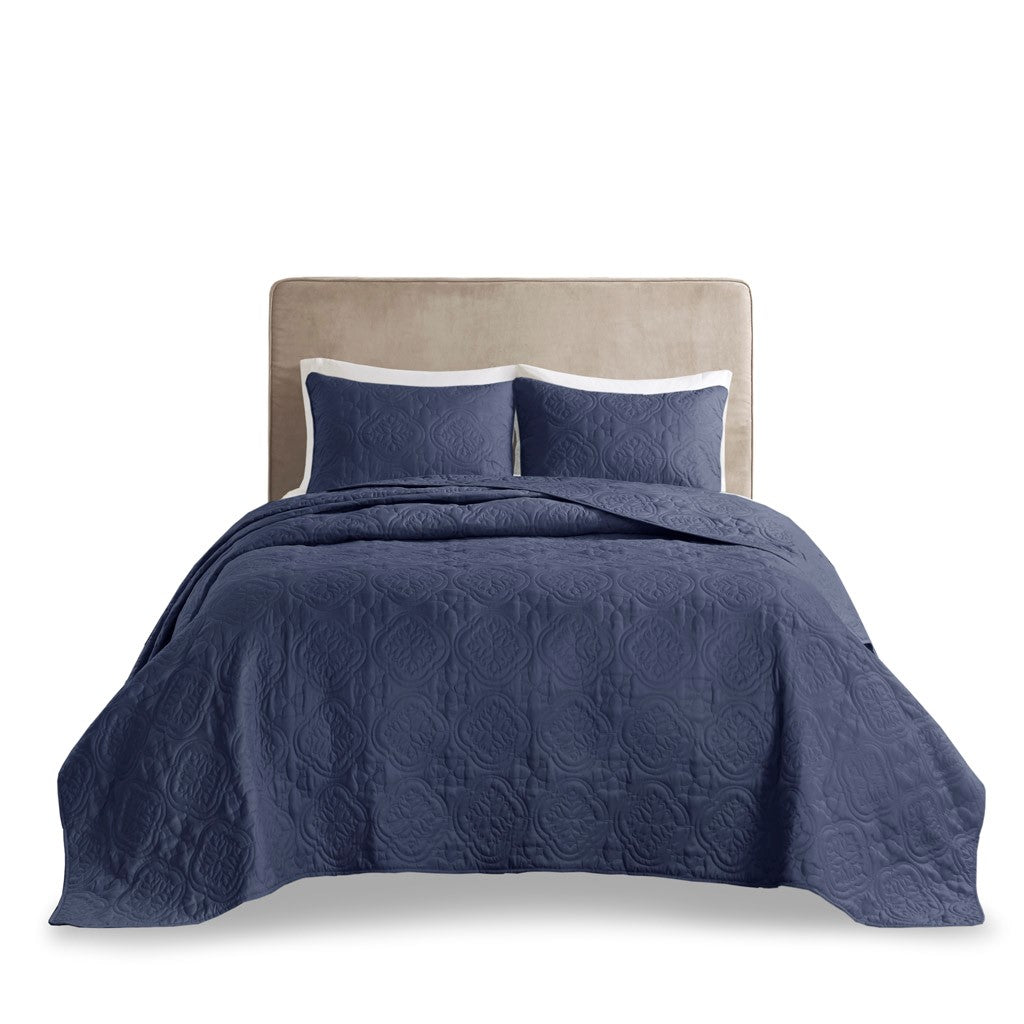 3 Piece Reversible Bedspread Set Navy Full Queen Queen Navy Polyester