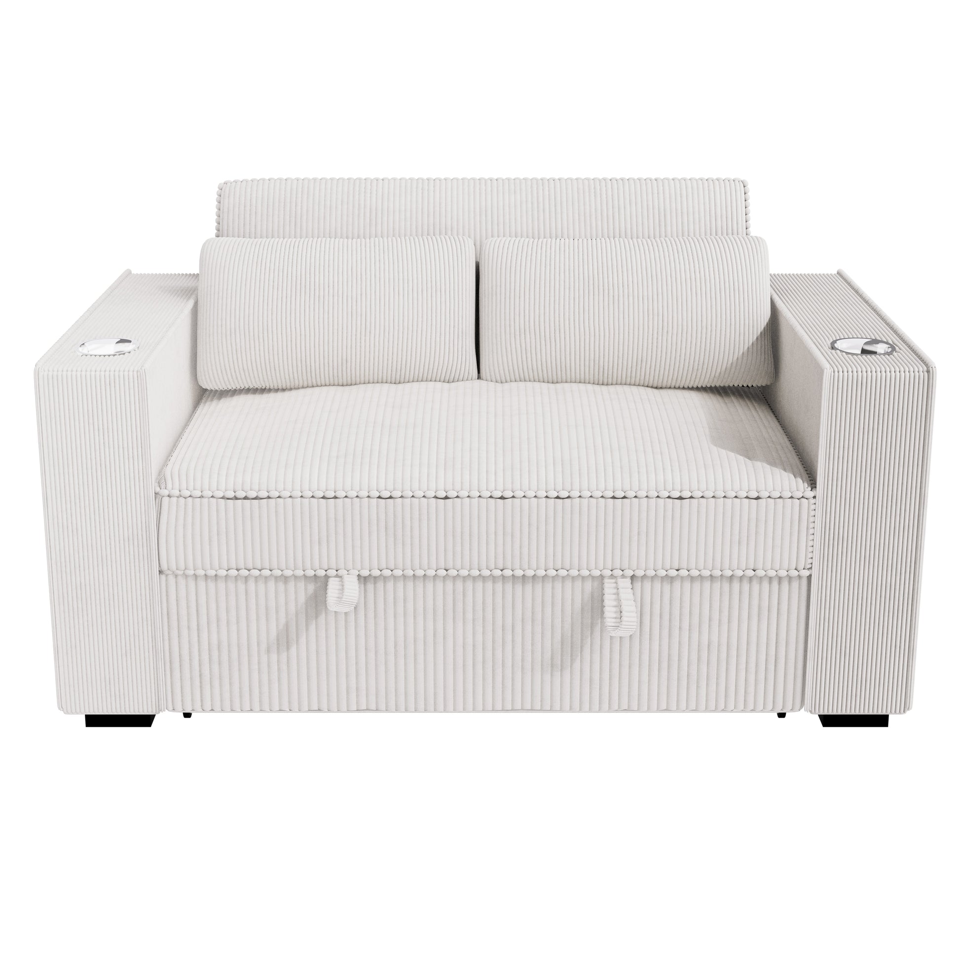 Beige Corduroy Upholstered 2 Seat Sofa W Cup Holders Sleeper Couch 1Pc Convertible Sofa W Usb Beige Corduroy Wood Primary Living Space Cushion Back Contemporary,Modern,Transitional Rubberwood Square