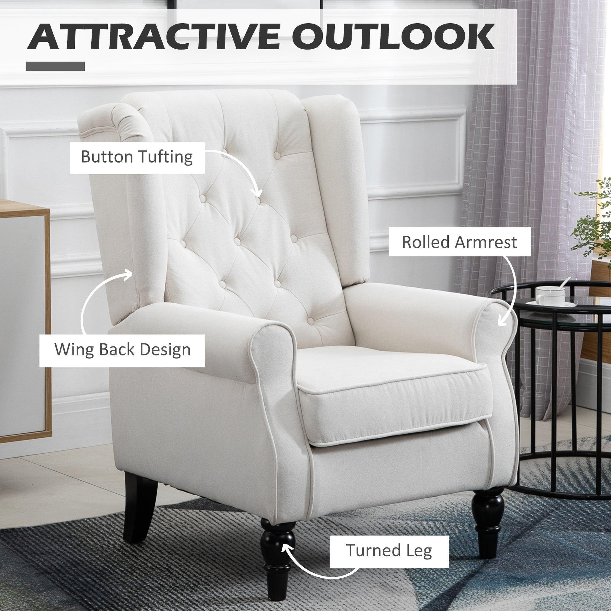 Homcom Button Tufted Accent Chair With High Wingback, Rounded Cushioned Armrests And Thick Padded Seat, Cream White Cream White Fabric
