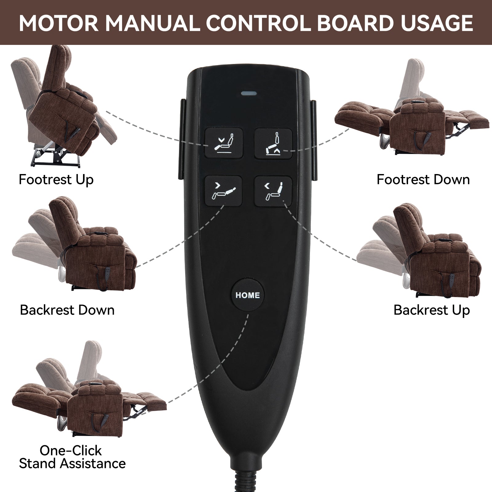Dual Motor Heat Massage Infinite Position Up To 350 Lbs Electric Power Lift Recliners With Power Remote, Medium Firm And Heavy Duty, Brown White Metal Primary Living Space Heavy Duty Pine Brown Chenille Power Remote Medium Firm Cushion Back American