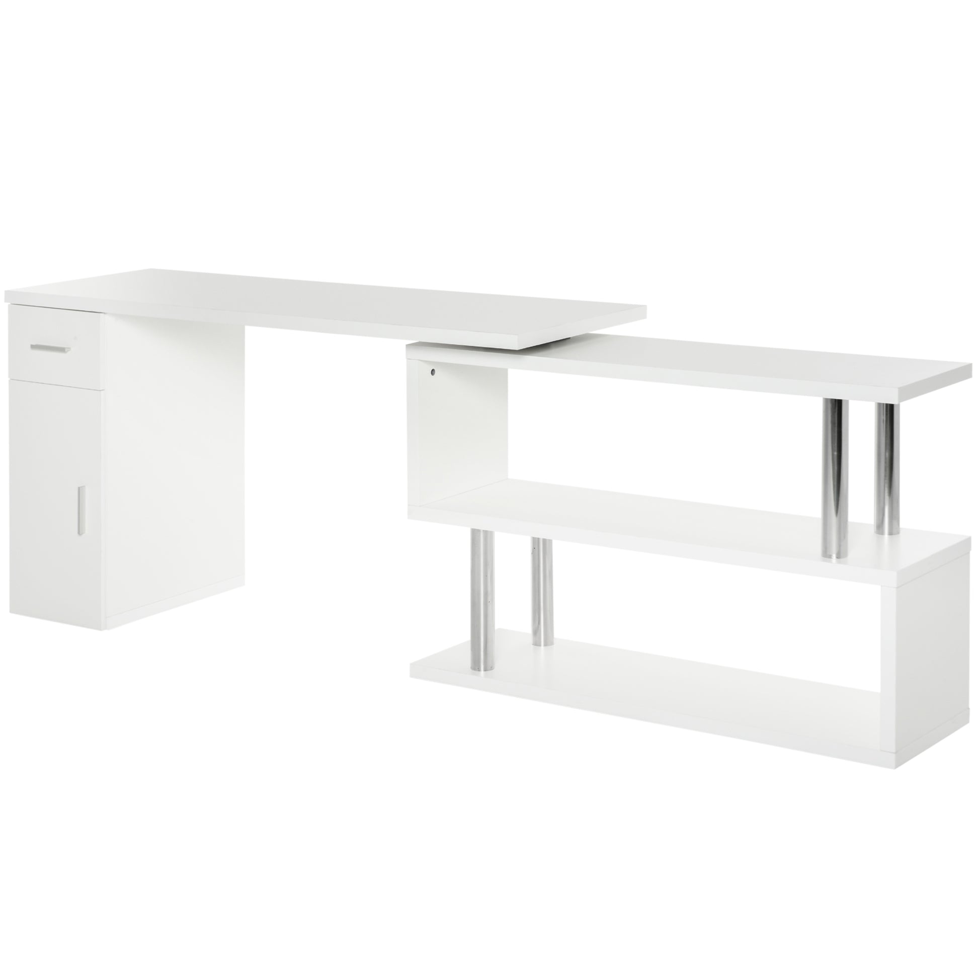Homcom Rotating Computer Desk, 55" L Shaped Desk, Corner Desk With Storage Shelves, Cabinet And Drawer For Home Office, White White Mdf