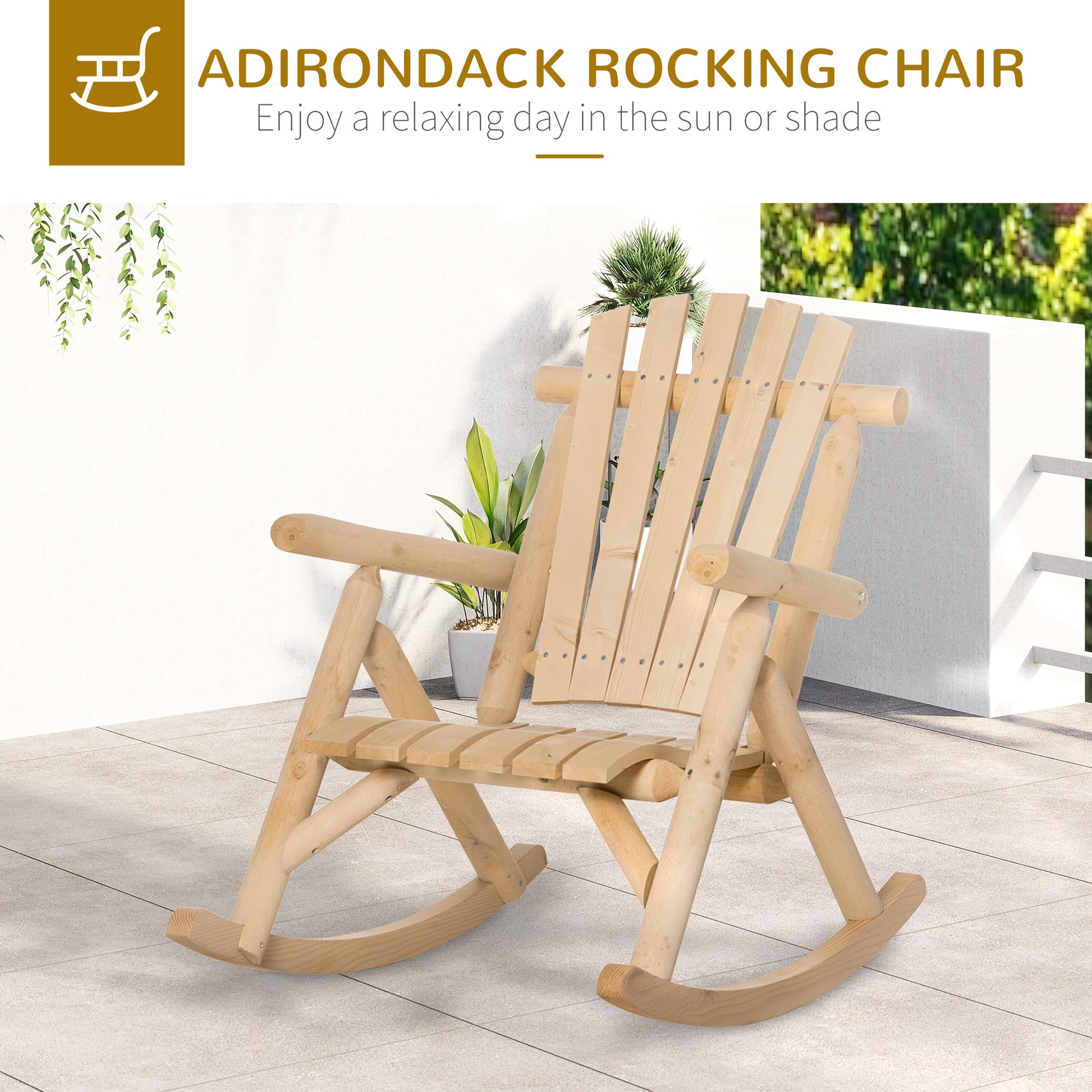 Outsunny Outdoor Wooden Rocking Chair, Single Person Rustic Adirondack Rocker With Slatted Seat, High Backrest, Armrests For Patio, Garden And Porch, Natural Natural Wood Wood