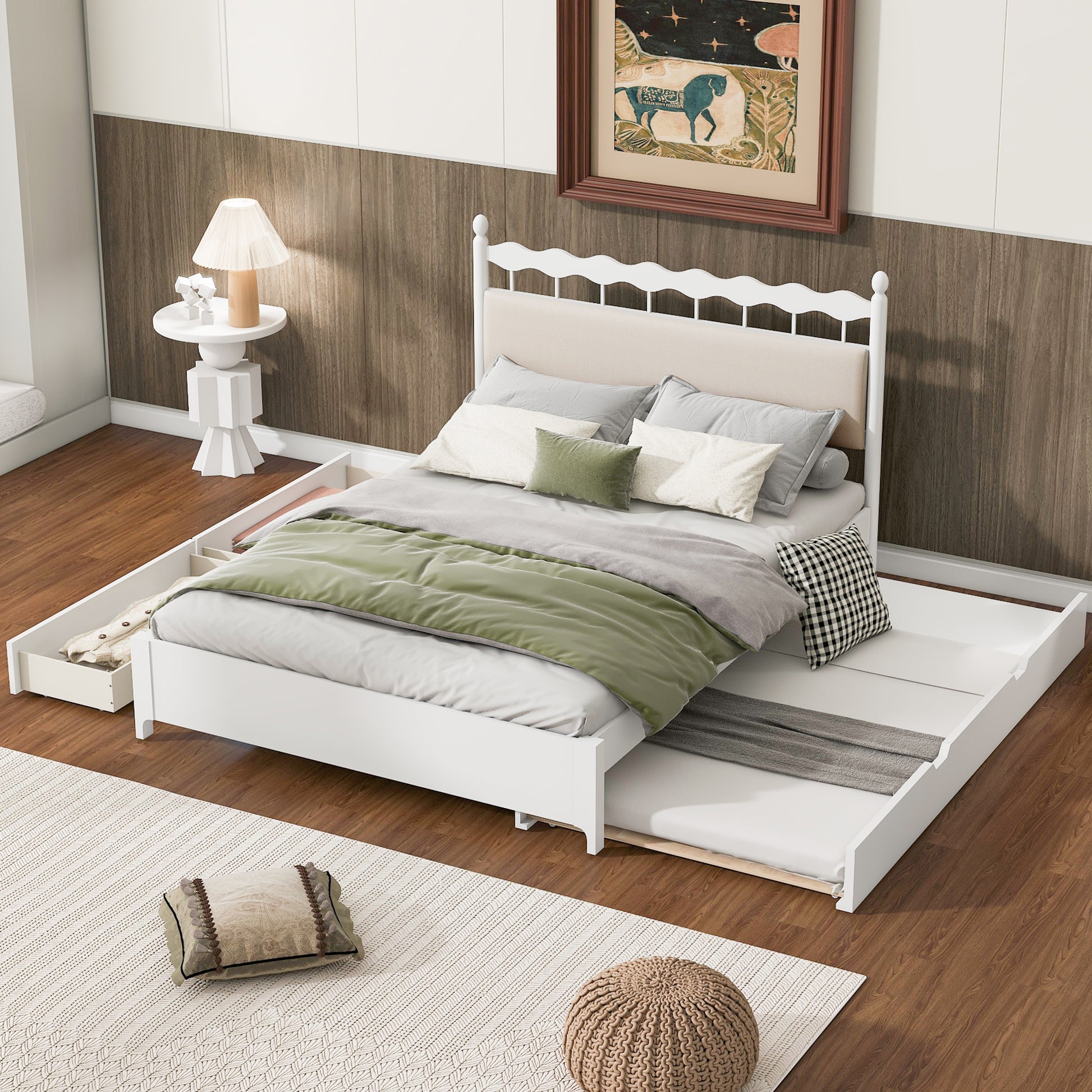 Queen Size Wooden Storage Platform Bed, With 2 Big Drawers, T Size Trundle, White Queen White Plywood