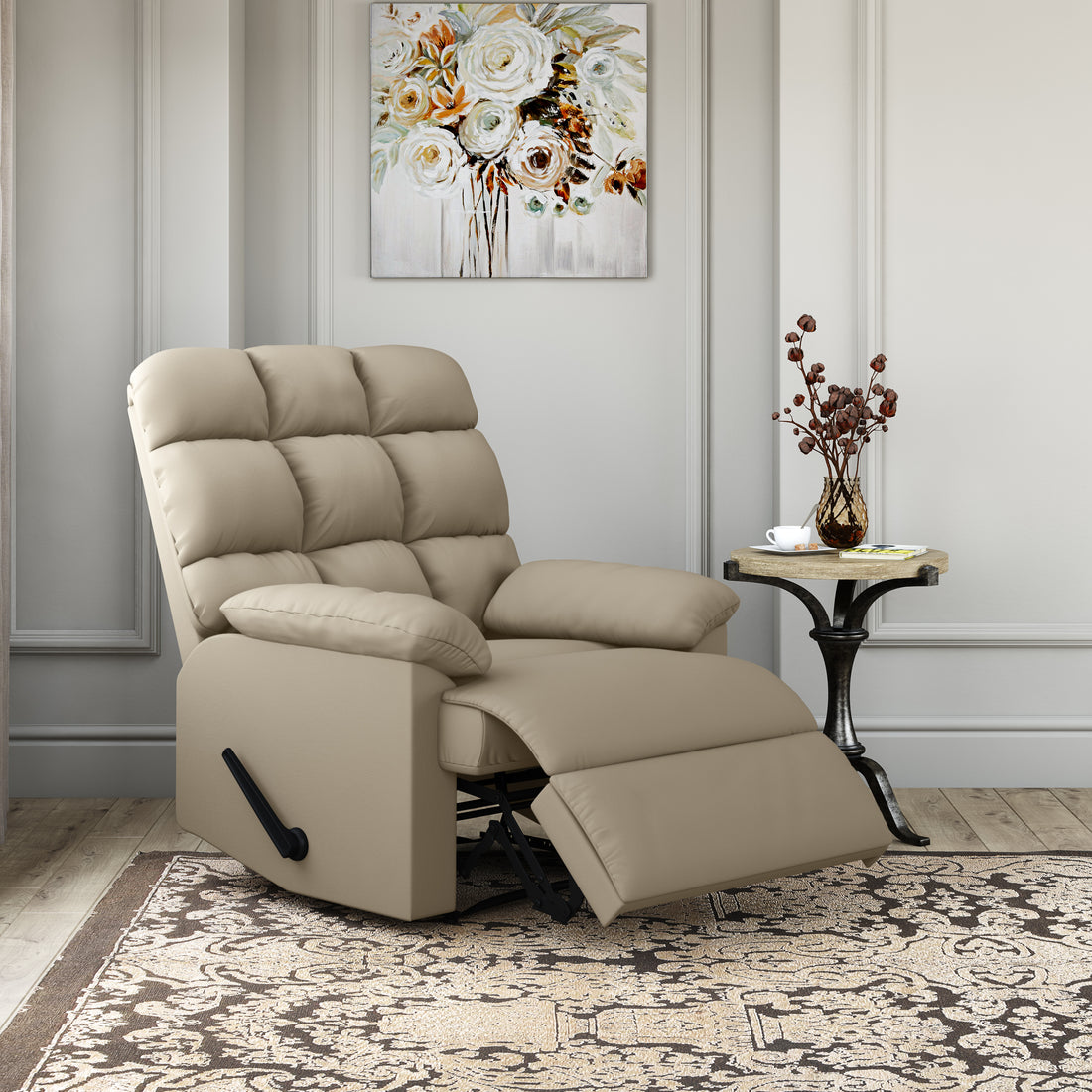 The Granada Recliner In Khaki Khaki Manual Handle Wood Handle Foam Microsuede,Polyester