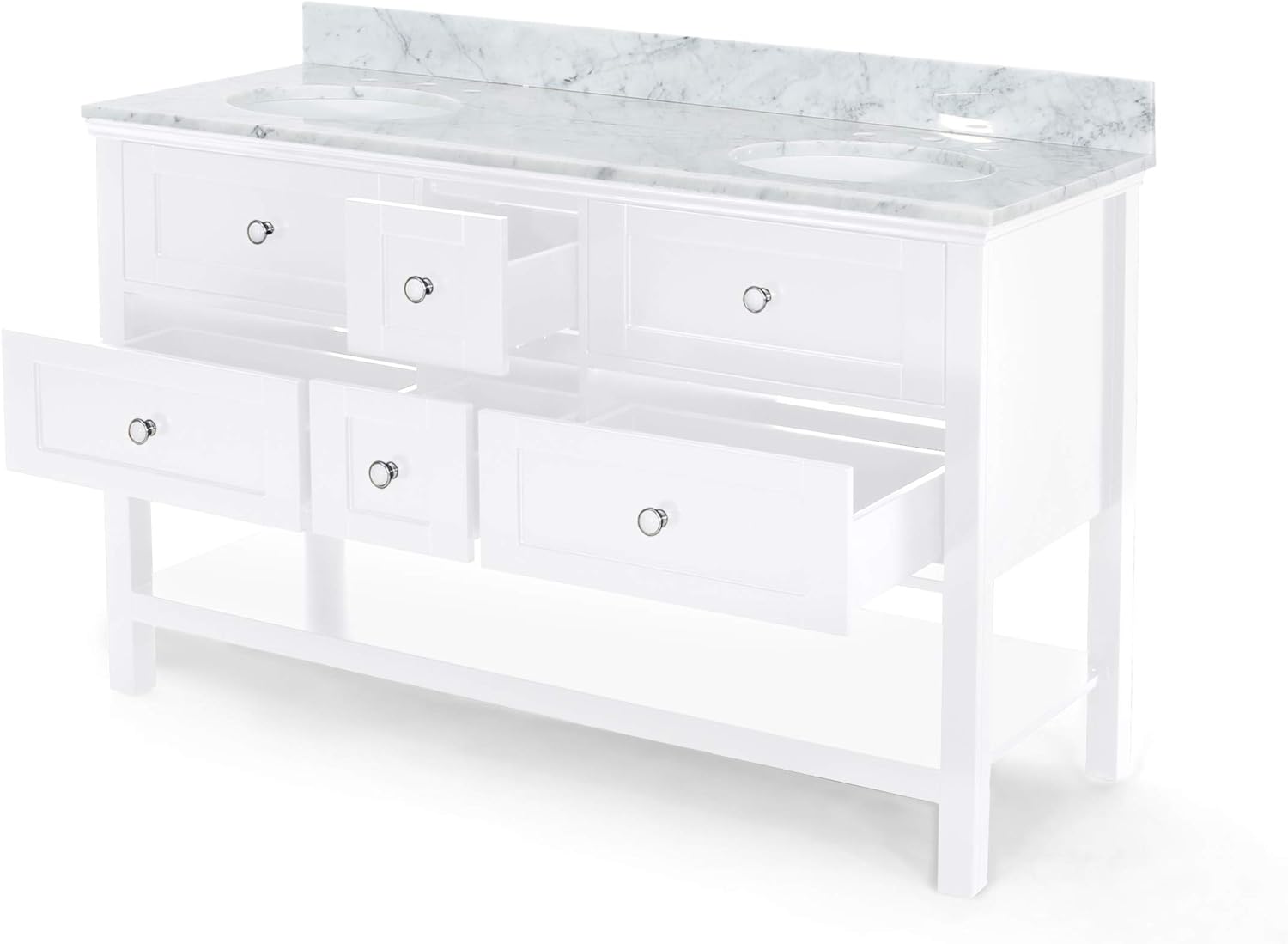 61'' Bathroom Vanity With Marble Top & Double Ceramic Sinks, 4 Drawers, Open Shelf, White White Plywood