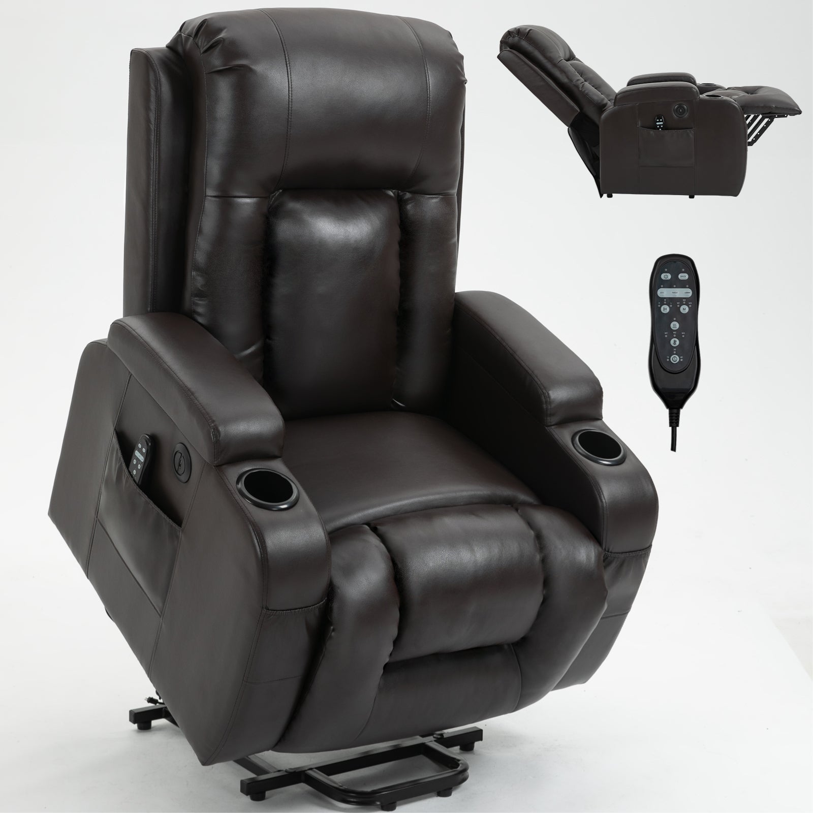 Infinite Position Up To 350 Lbs Power Lift Recliner Chair For Elderly, Heavy Duty Motion Mechanism With 8 Point Vibration Massage And Lumbar Heating, Usb Charging Port, Cup Holders, Brown White Metal Primary Living Space Heavy Duty Pine Brown Faux