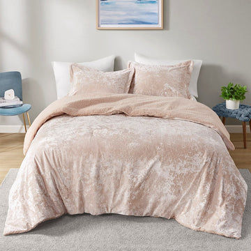 Crushed Velvet Sherpa Reversible Comforter Set Queen Pink Polyester