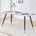 Modern Minimalist Dining Table. Imitation Marble Patterned Stone Burning Tabletop With Black Metal Legs. 62.2