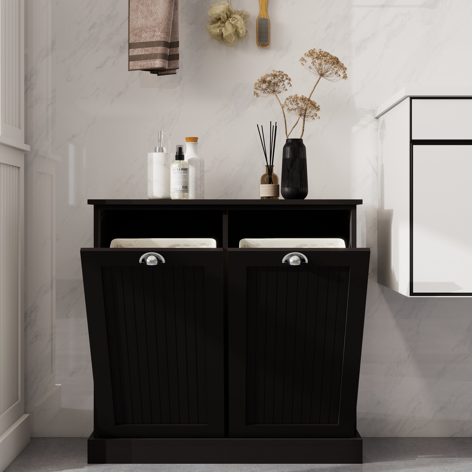 Two Compartment Tilt Out Laundry Sorter Cabinet Black Black Mdf