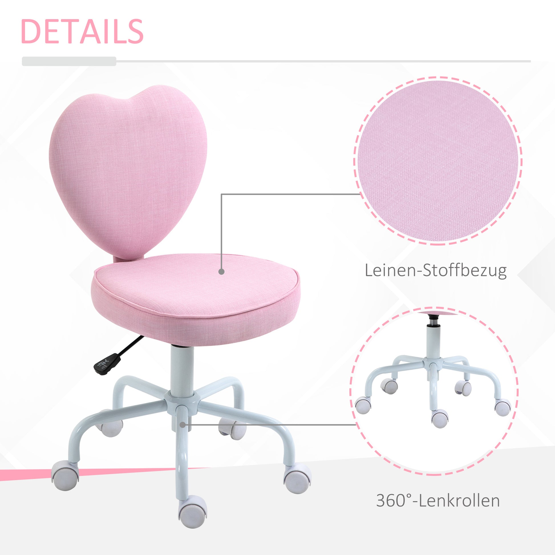 Homcom Heart Beautiful Shaped Back Design Office Chair With Adjustable Height And 360 Swivel Castor Wheels, Pink Pink Linen