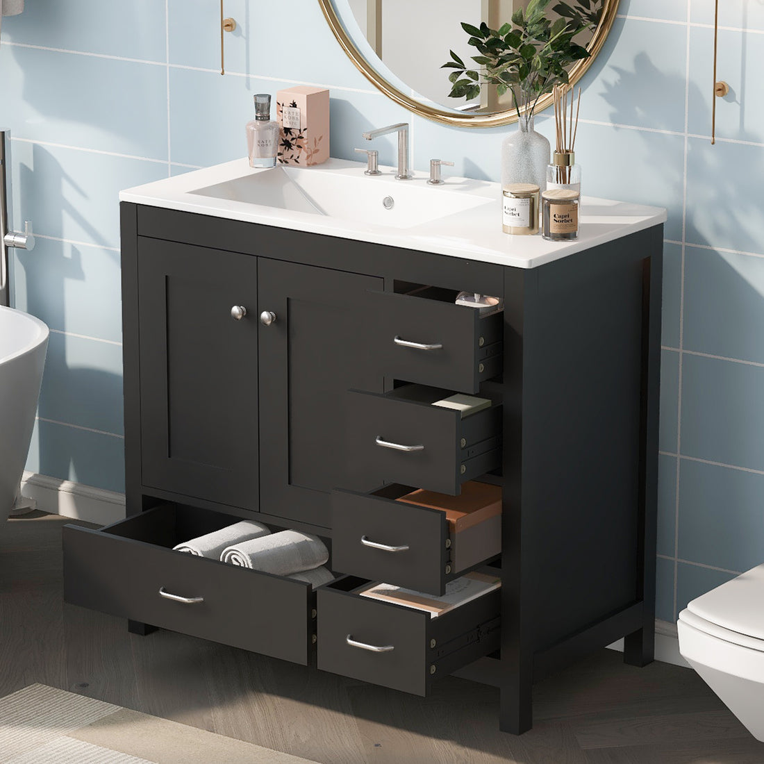 36" Black Bathroom Vanity With Ceramic Sink Combo, Abundant Storage Cabinet 2 Soft Close Doors And 5 Drawers Black Bathroom Solid Wood Mdf