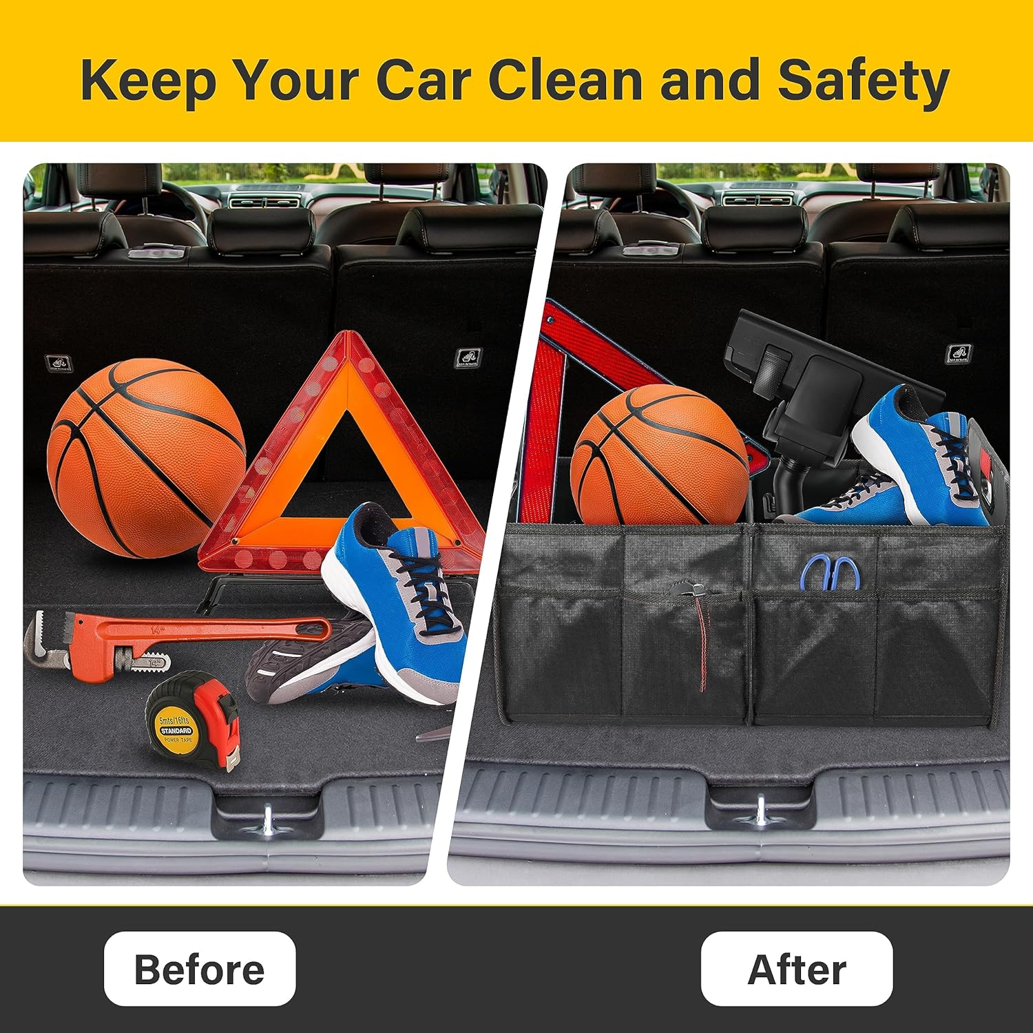 Trunk Organizer For Car Suv Truck, Collapsible 2 Compartment Automotive Storage Box, 600D Waterproof Oxford Polyester 50L Travel Accessories, Anti Slip & Leak Proof, Black Black Polyester