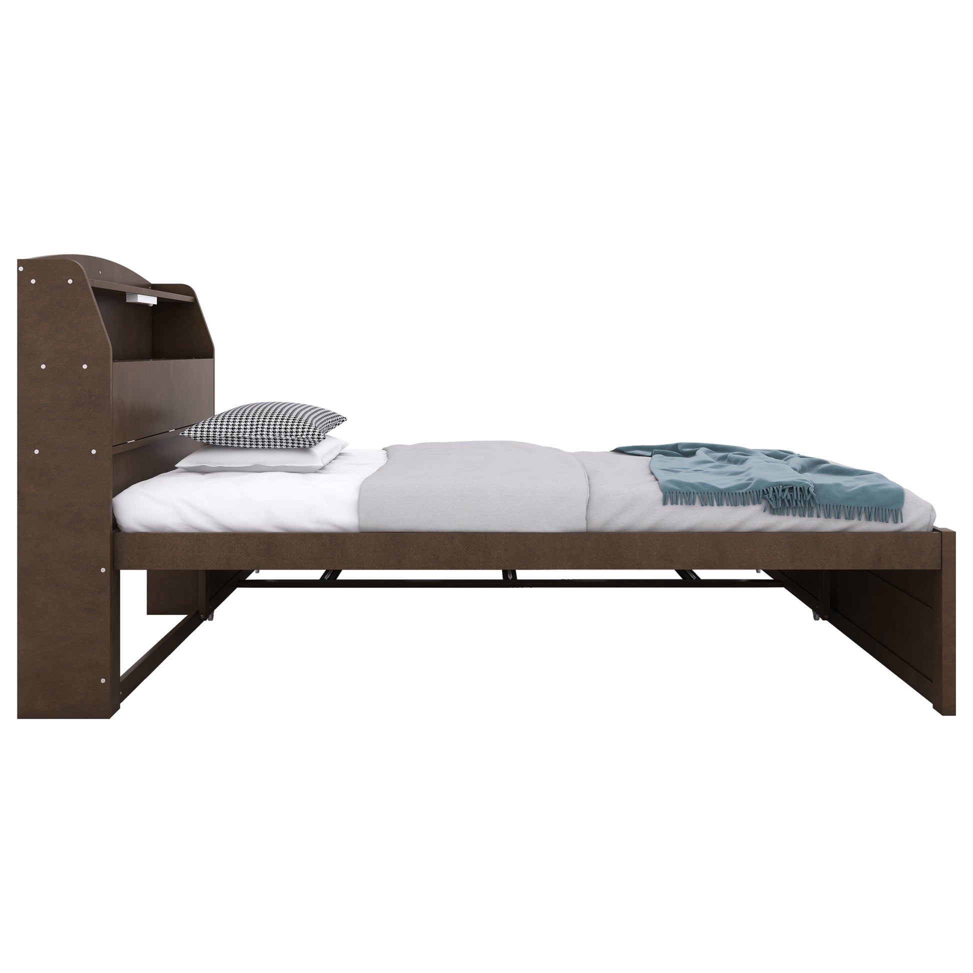 Twin Size Wooden Led Platform Bed With Trundle, With Storage Headboard, With Drawers, Brown Twin Brown Plywood