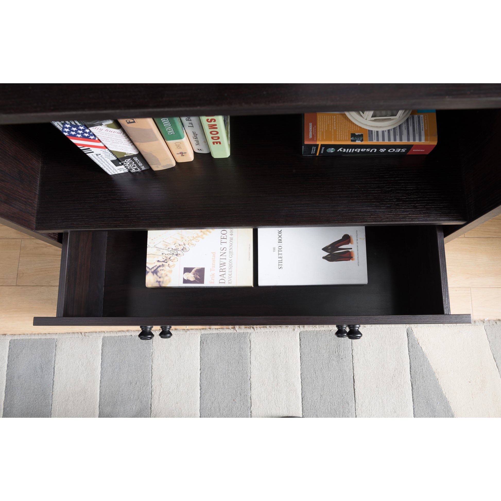 Modern Bookcase With 4 Shelves 2 Drawers In Distressed Red Cocoa Dark Brown Mdf