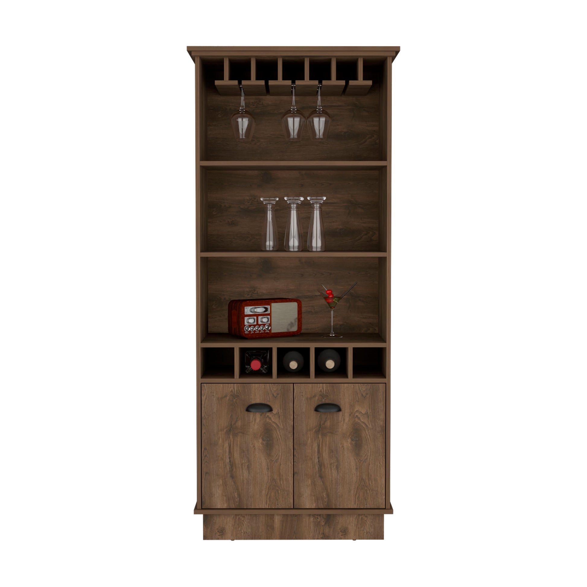Bar Cabinet With Wine Rack 70"H, Upper Glass Cabinet, Three Open Storage Shelves And One Cabinet,Dark Brown Dark Brown Solid Wood Mdf Engineered Wood