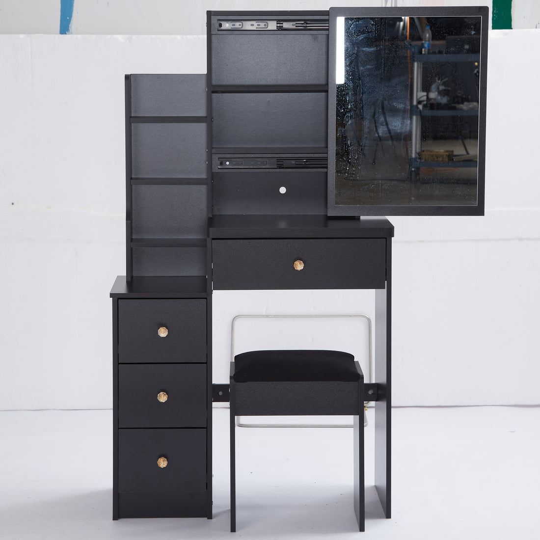 Small Size Left Bedside Cabinet Vanity Table Cushioned Stool, Extra Large Sliding Mirror, Multi Layer, High Capacity Storage Fashionable Dresser, Suitable For Small Space, Epa,Gcc,Ul Certificate