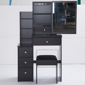 Small Size Left Bedside Cabinet Vanity Table Cushioned Stool, Extra Large Sliding Mirror, Multi Layer, High Capacity Storage Fashionable Dresser, Suitable For Small Space, Epa,Gcc,Ul Certificate