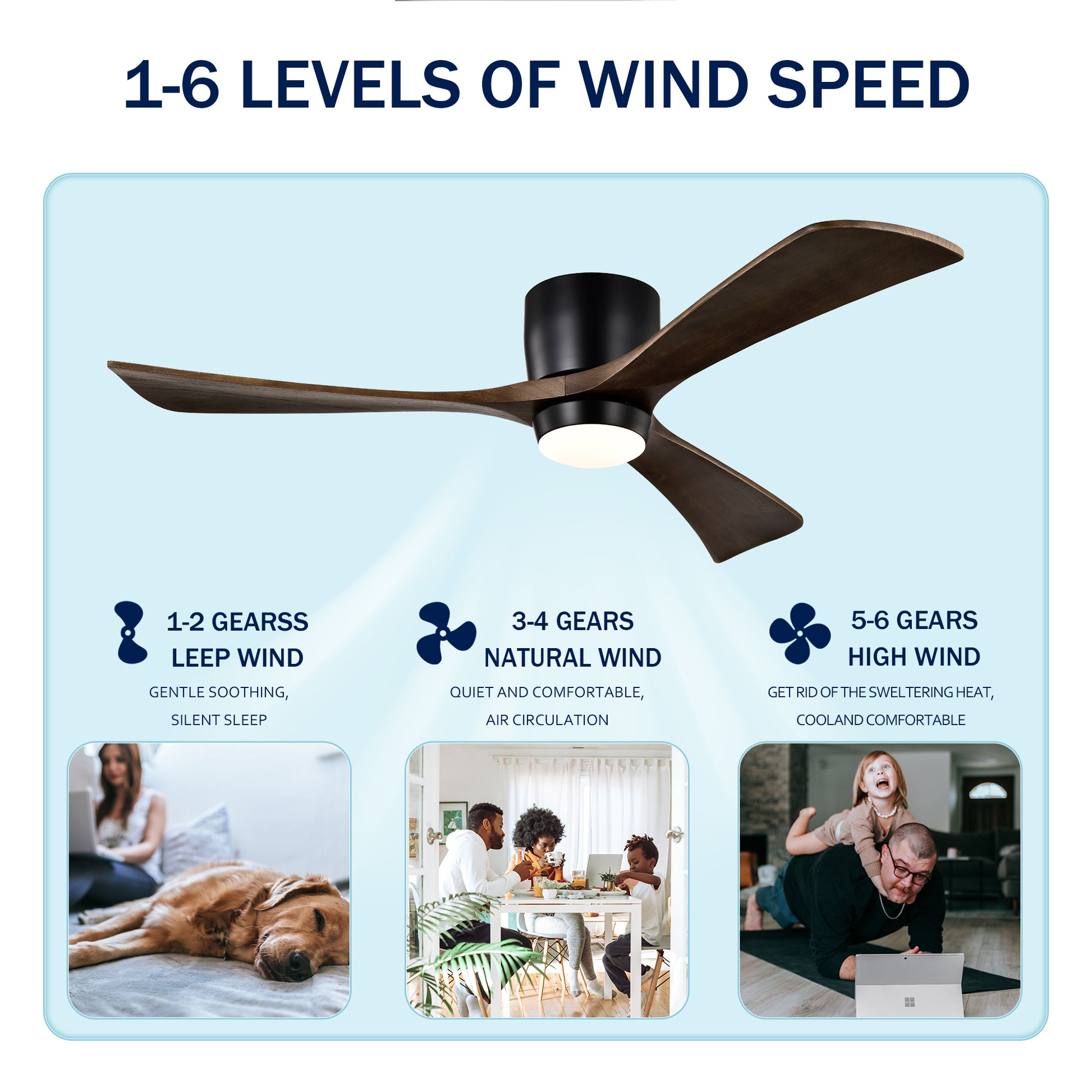 52" Ceiling Fan With Lights Remote Control,Quiet Dc Motor 3 Blade Ceiling Fans 6 Speed Levels,Reversible Ceiling Fan, For Patio Living Room, Bedroom, Office,Indoor. Matte Black Black Walnut Matte