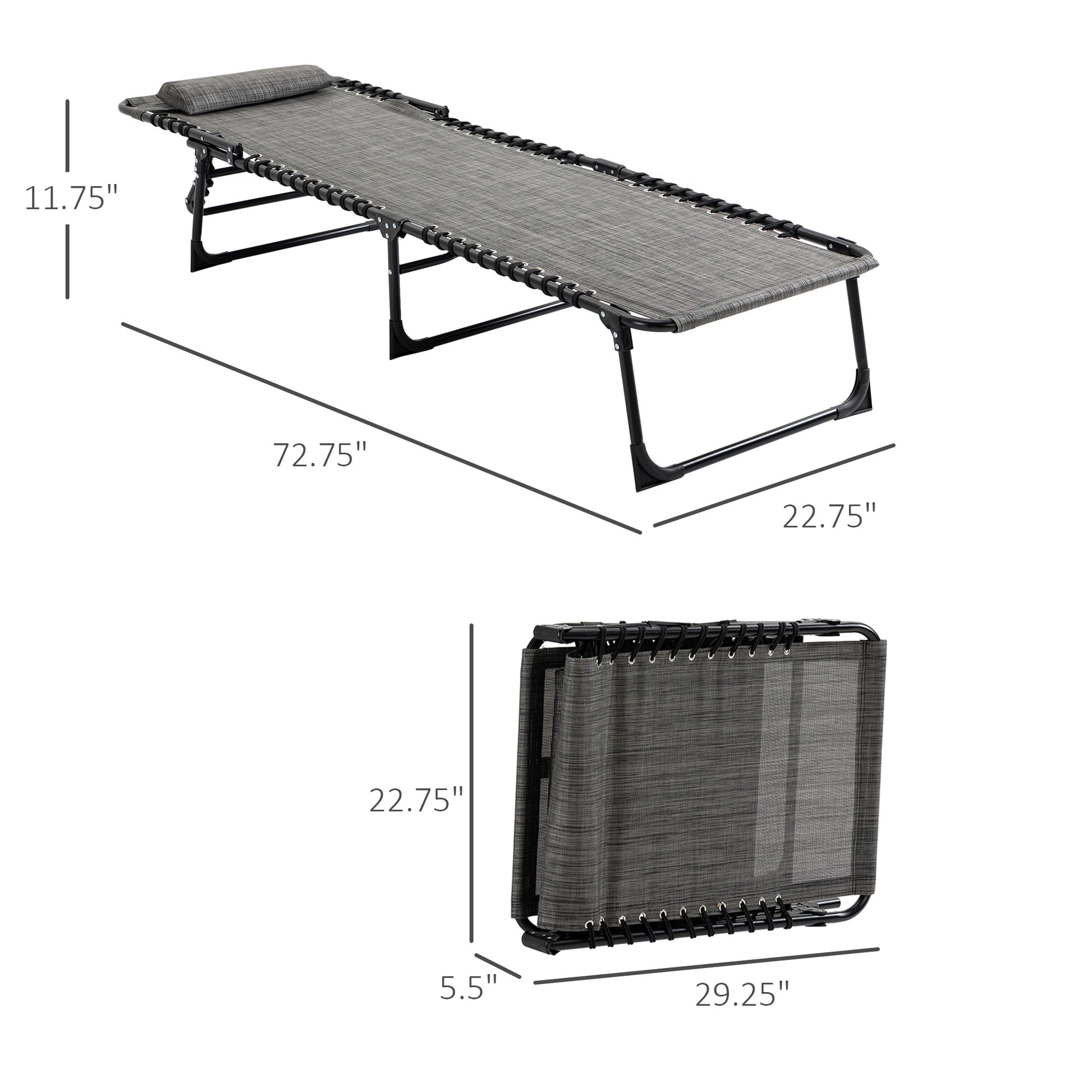 Outsunny Reclining Chaise Lounge Chair, Portable Sun Lounger, Folding Camping Cot, With Adjustable Backrest And Removable Pillow, For Patio, Garden, Beach, Grey Gray Fabric
