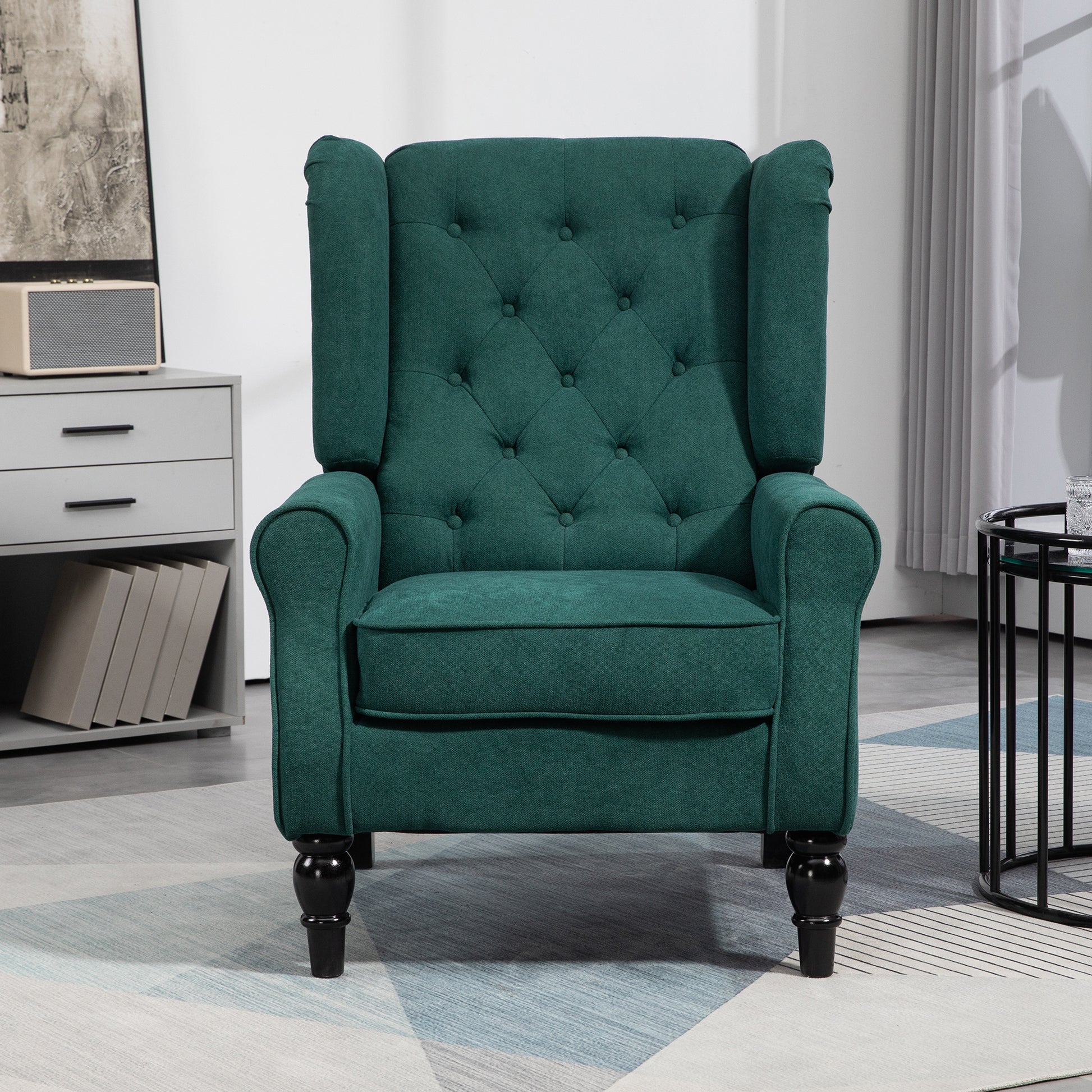 Homcom Button Tufted Accent Chair With High Wingback, Rounded Cushioned Armrests And Thick Padded Seat, Dark Green Dark Green Polyester