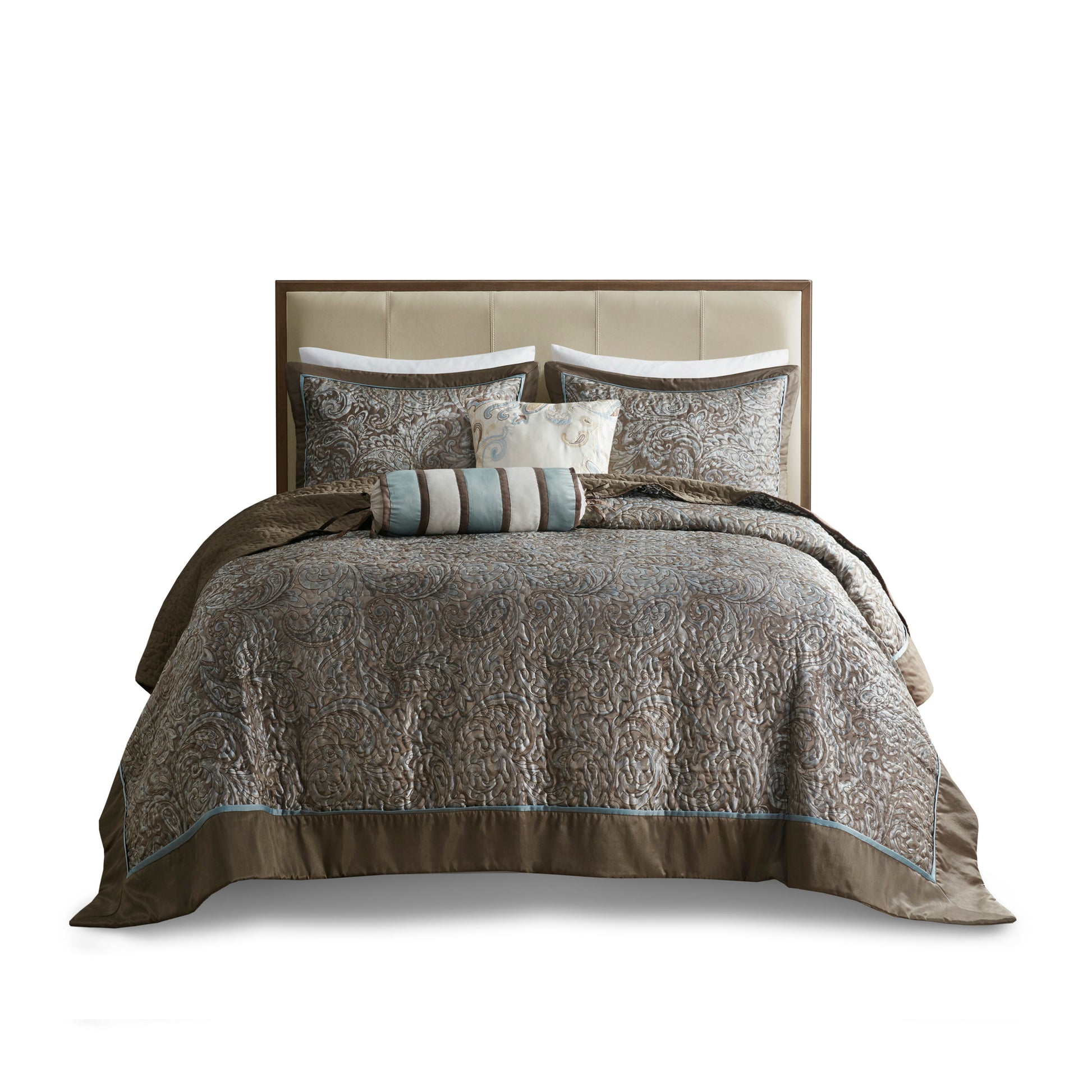 5 Piece Jacquard Bedspread Set With Throw Pillows Blue Brown Queen Queen Blue Brown Cotton