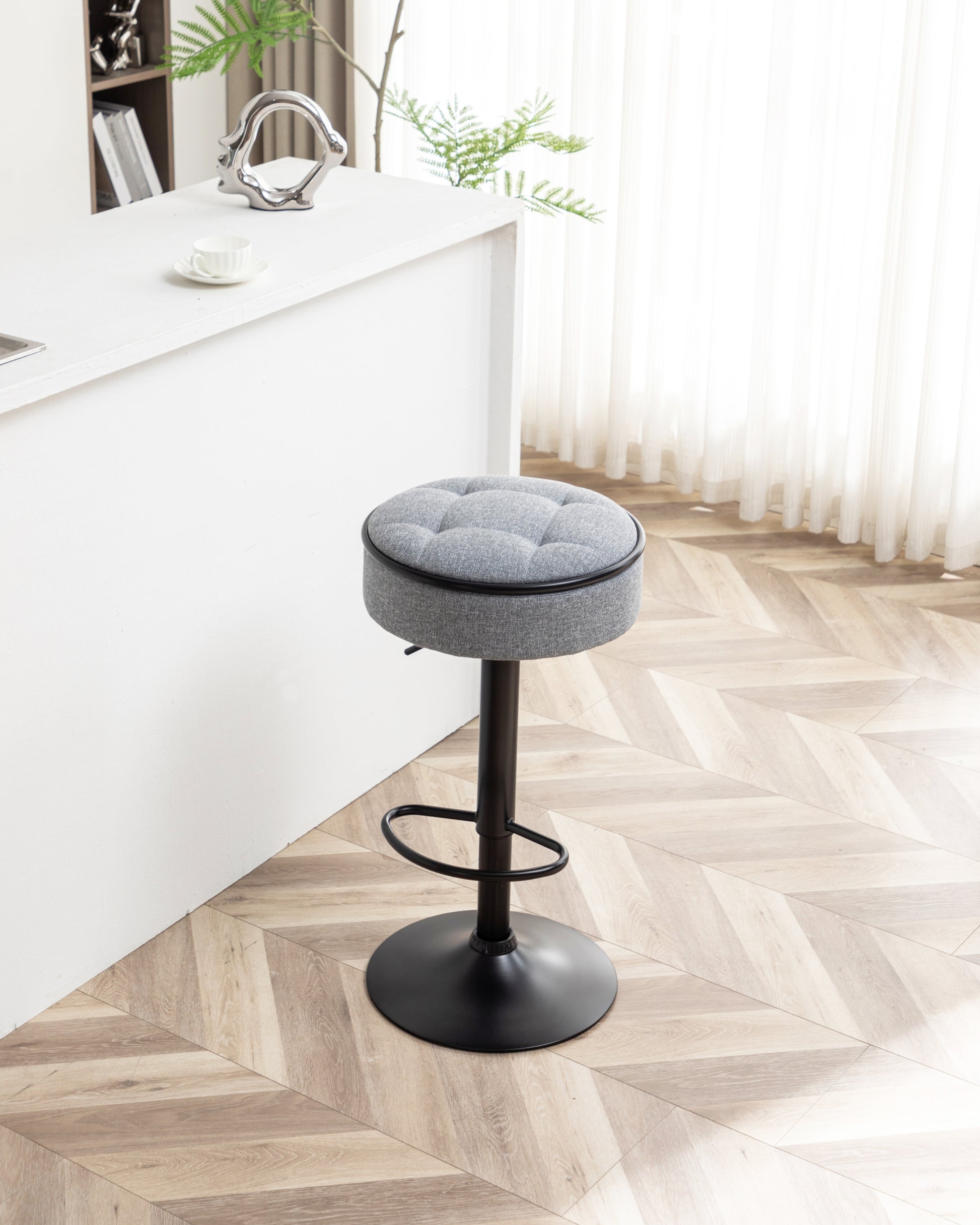 Round Storage Bar Stool Set Of 2, Grey Linen Height Adjustable Barstool, 360 Counter Height Swivel Stool, Armless Bar Chair With Metal Frame For Kitchen Counter Dining Living Room Grey Set Of 2 Foam Linen