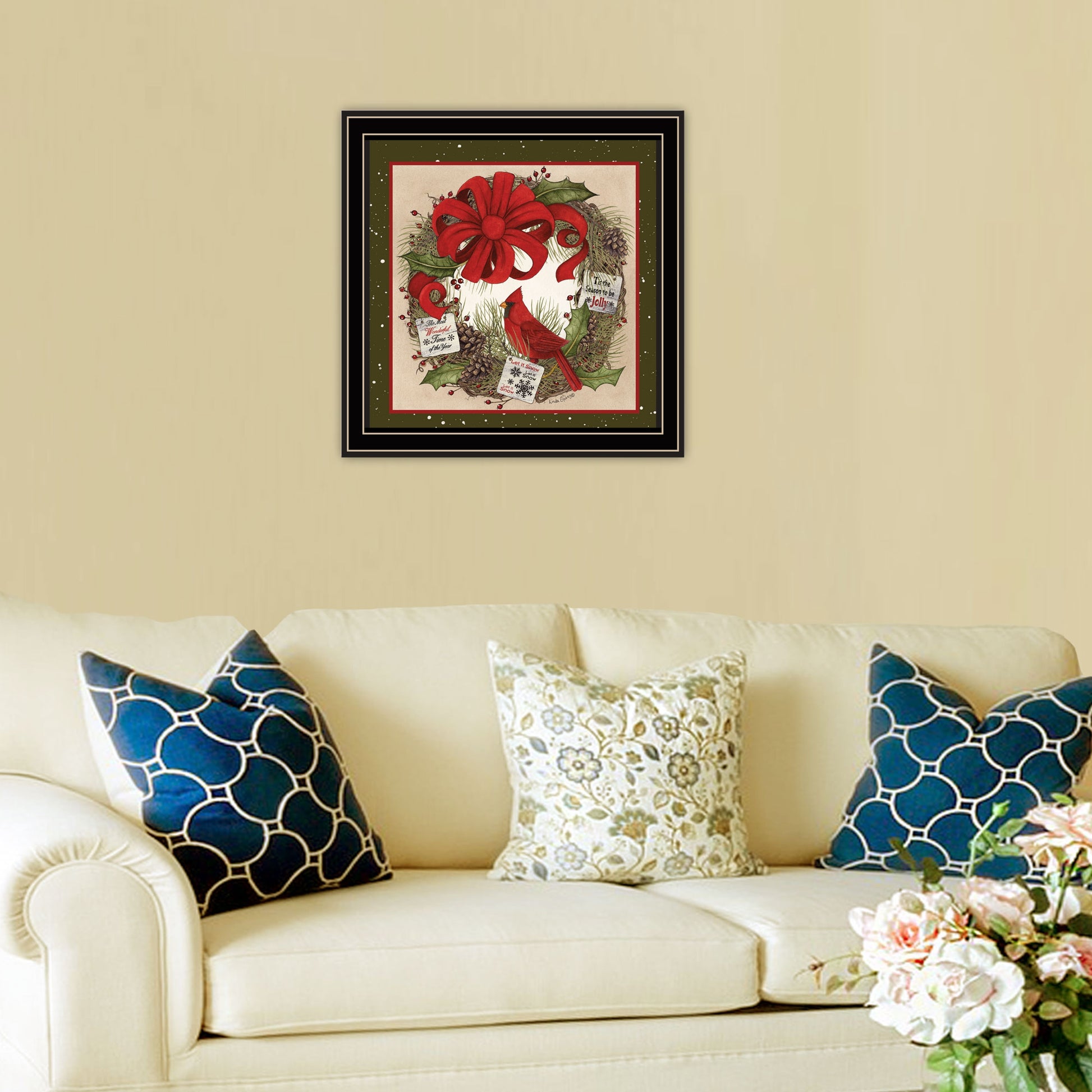 Cardinal Wreath Black Framed Wall Art For Living Room, Bedroom Wall Art Print For Home Decor By Linda Spivey Multicolor Wood Paper
