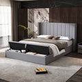 Queen Size Platform Bed With Headboard, Upholstered Platform Bed With Storage, Grey Box Spring Not Required Queen Grey Wood Bedroom Storage Included Foam Polyester Fabric,Plywood,Steel,Upholstered