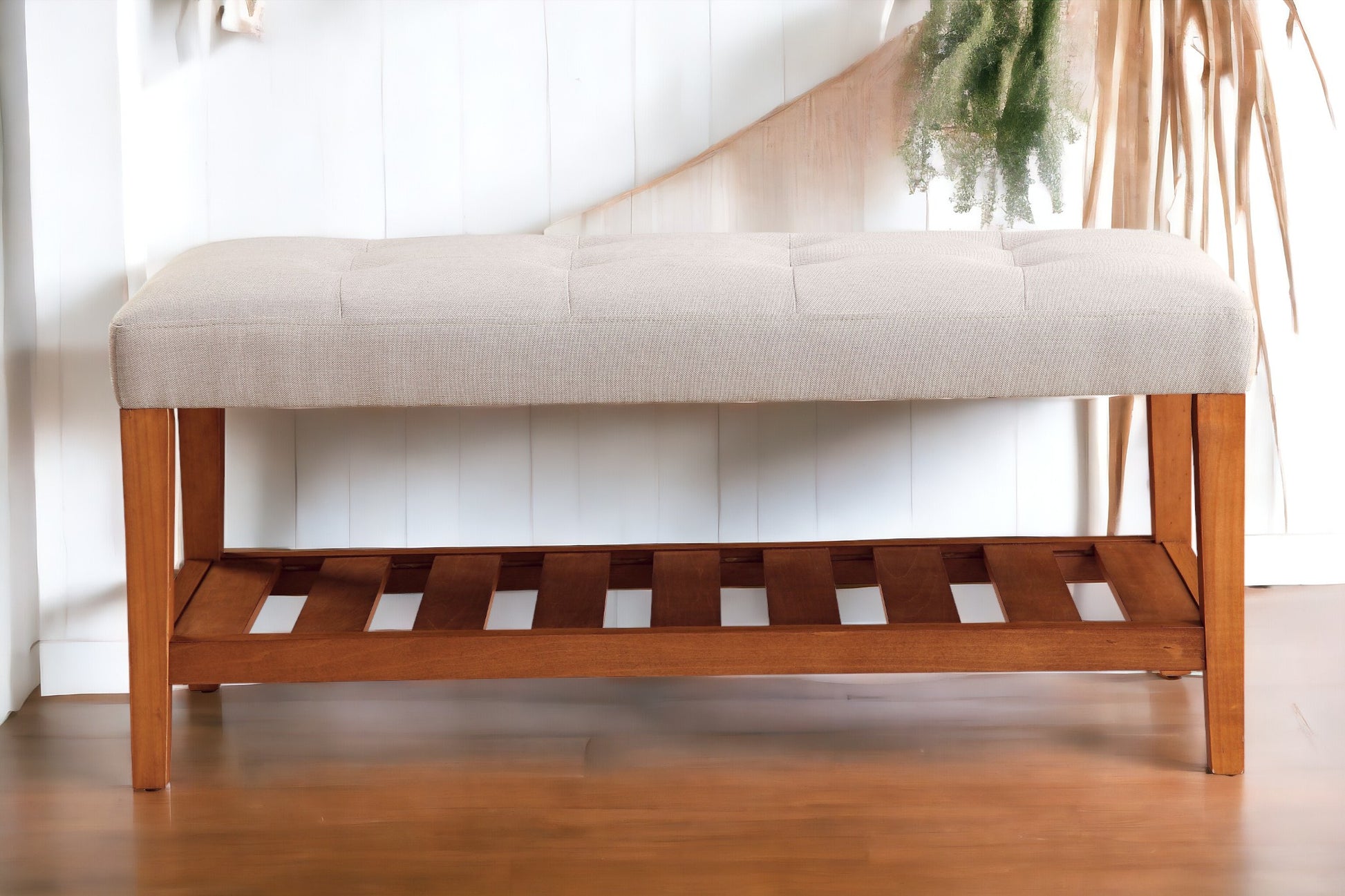 Charla Light Gray Fabric & Oak Finish Bench Gray Fabric,Synthetic Wood