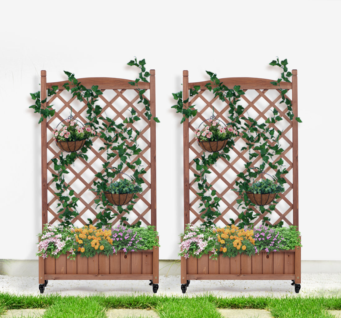 Raised Garden Bed With Trellis 2 Pack, Outdoor Wooden Planter Box & Plant Stand With Climbing Racks Brown Solid Wood