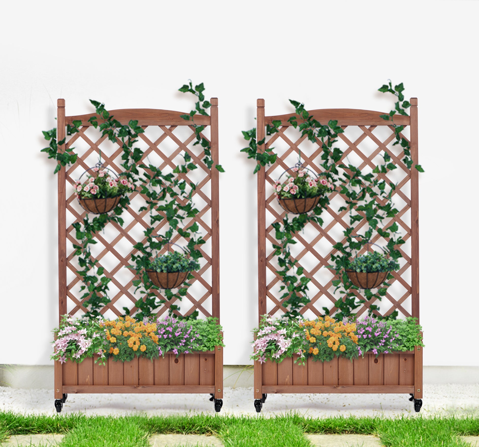 Raised Garden Bed With Trellis 2 Pack, Outdoor Wooden Planter Box & Plant Stand With Climbing Racks Brown Solid Wood