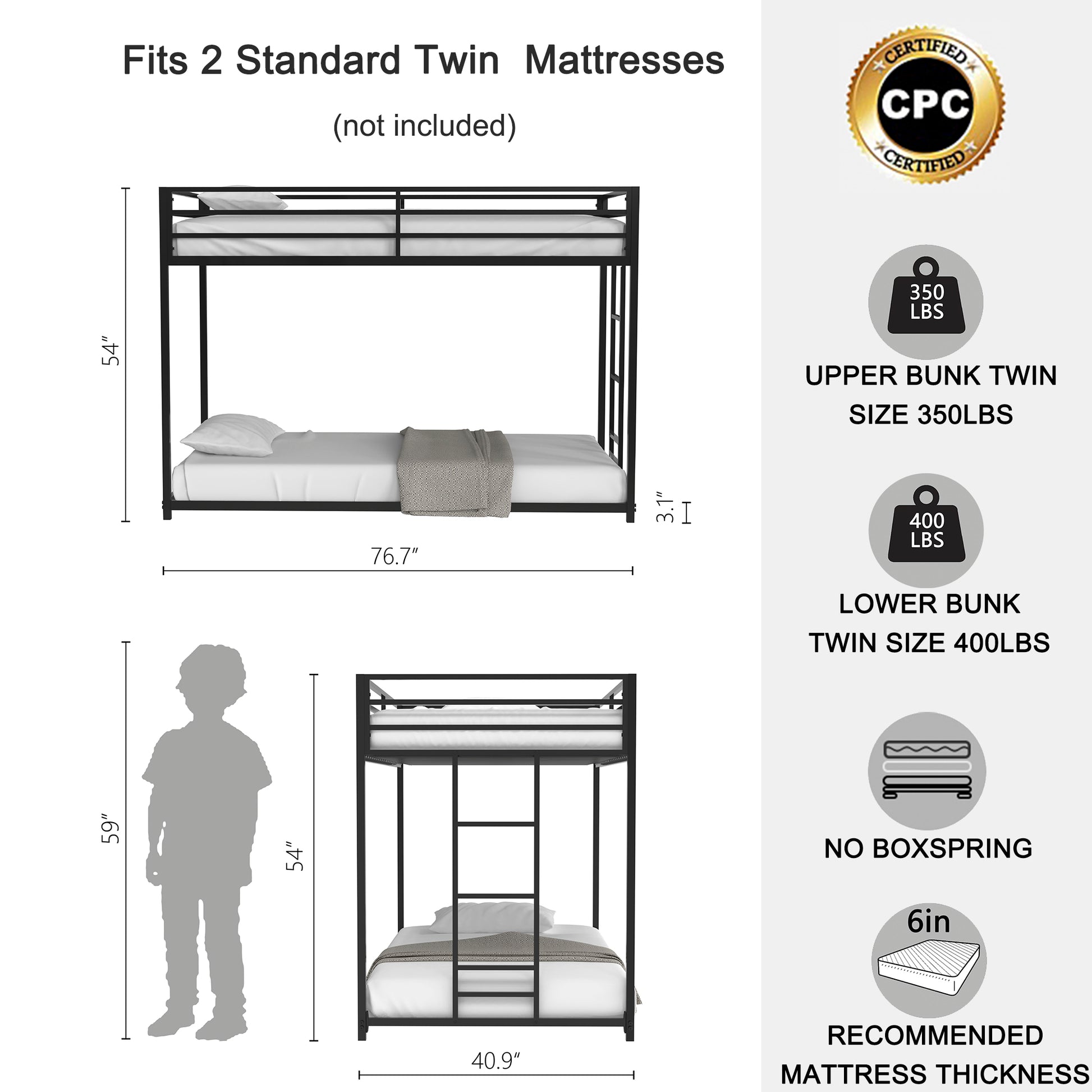 Same As Original B083124170 Adam Sturdy Twin Over Twin Metal Bunk Black For Kids And Adult, Low Profile And Easy Climbing With Stable Ladder Twin Box Spring Not Required Black Metal Bedroom Bed