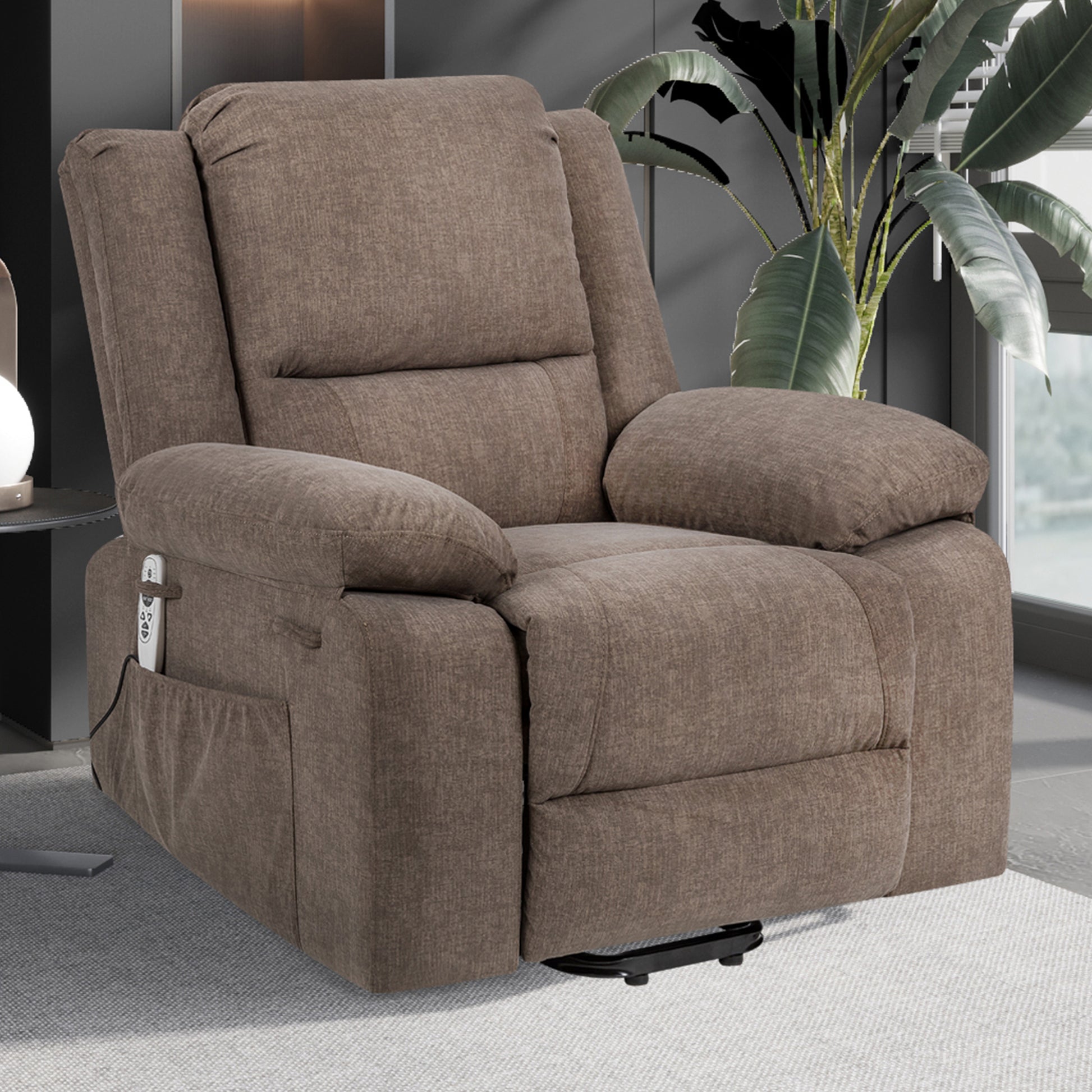 Electric Power Recliner Chair With Massage For Elderly ,Remote Control Multi Function Lifting, Timing, Cushion Heating Chair With Side Pocket Brown Brown Power Remote Metal Primary Living Space American Design Cat Scratch Fabric