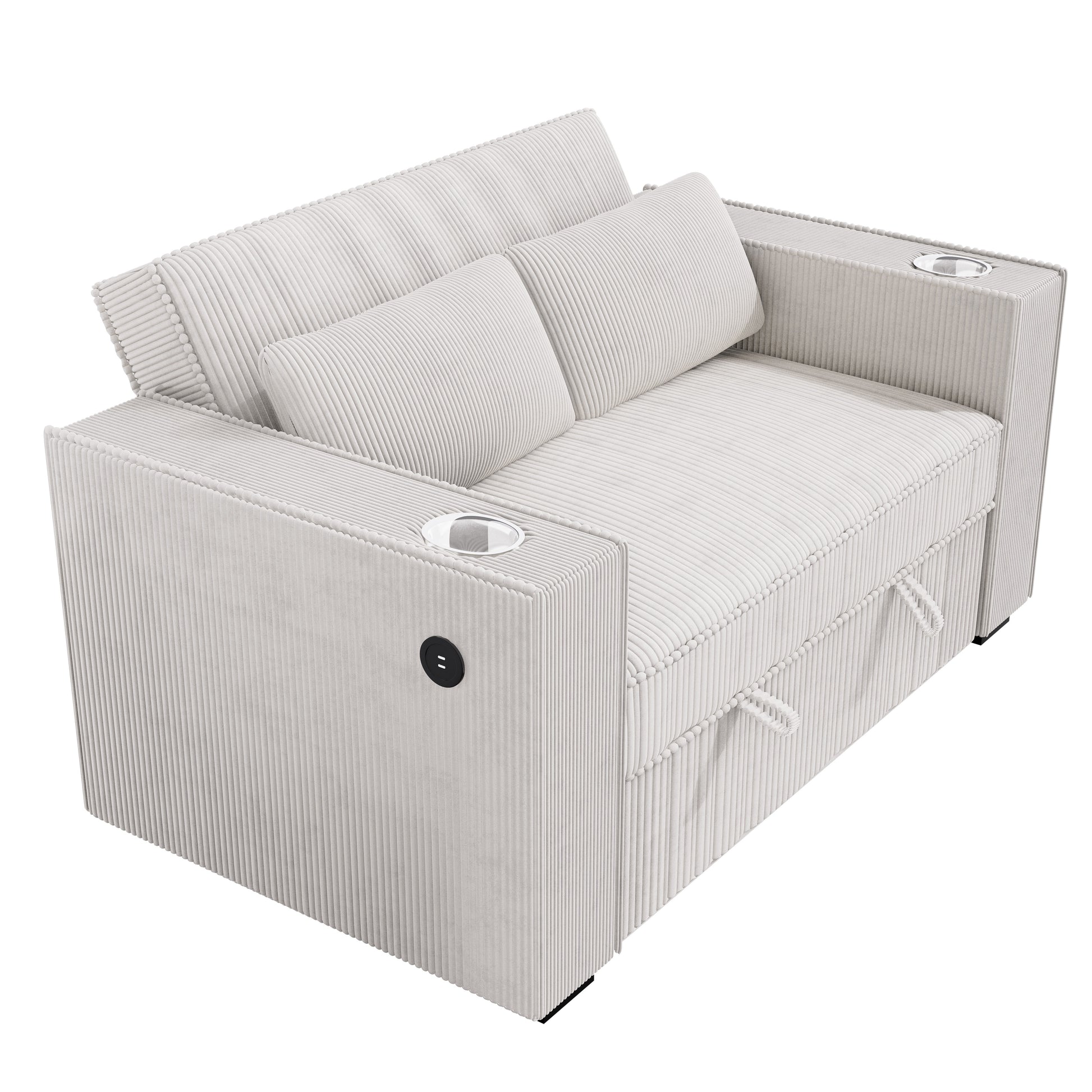 Beige Corduroy Upholstered 2 Seat Sofa W Cup Holders Sleeper Couch 1Pc Convertible Sofa W Usb Beige Corduroy Wood Primary Living Space Cushion Back Contemporary,Modern,Transitional Rubberwood Square