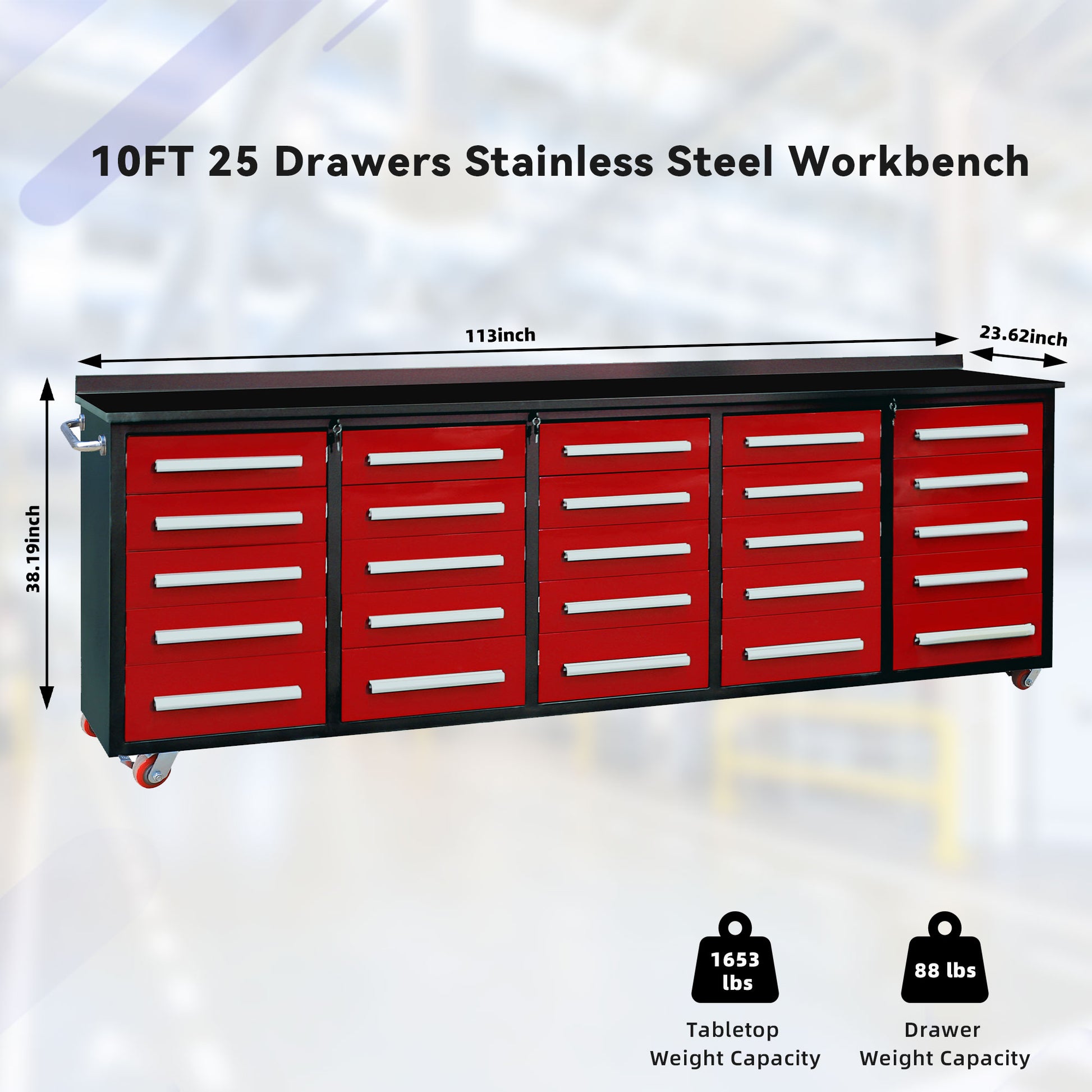 10Ft Workbench With Storage Drawers 25 Drawers Red Red Steel