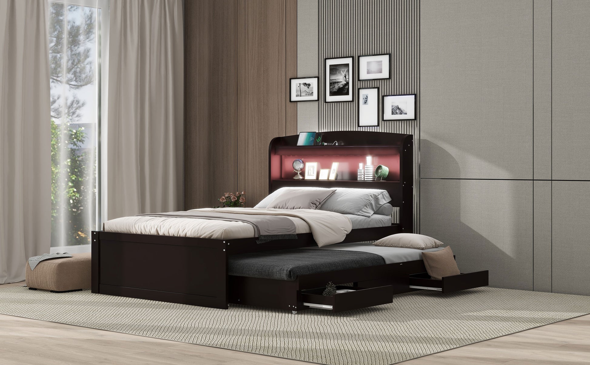 Twin Xl Size Platform Bed With Storage Led Headboard, Charging Station, Twin Size Trundle And 2 Drawers, Dark Brown Box Spring Not Required Twin Xl Dark Brown Wood Bedroom Bed Frame Solid Wood Mdf