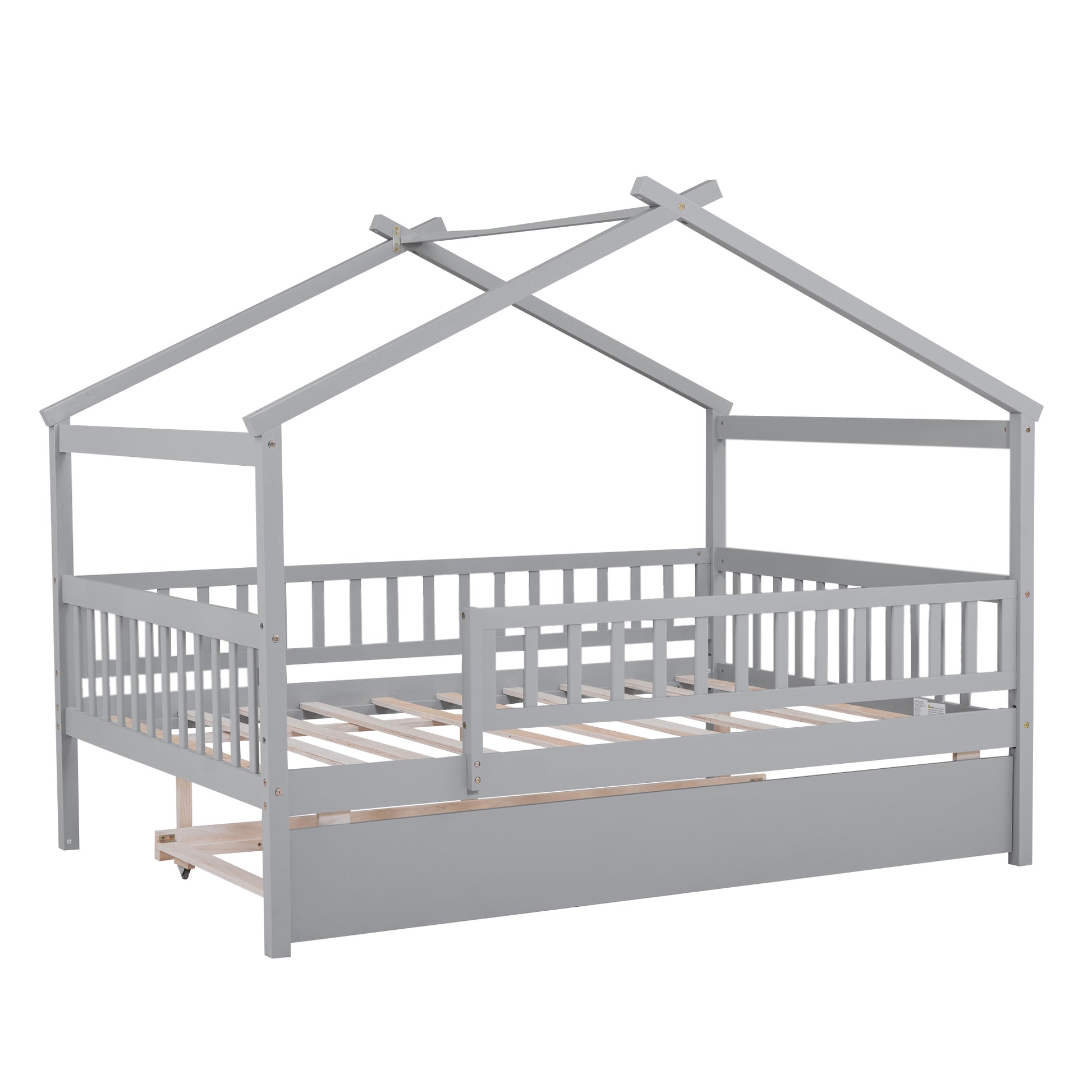 Full Size Wooden House Bed With Twin Size Trundle, Gray Full Gray Solid Wood Mdf