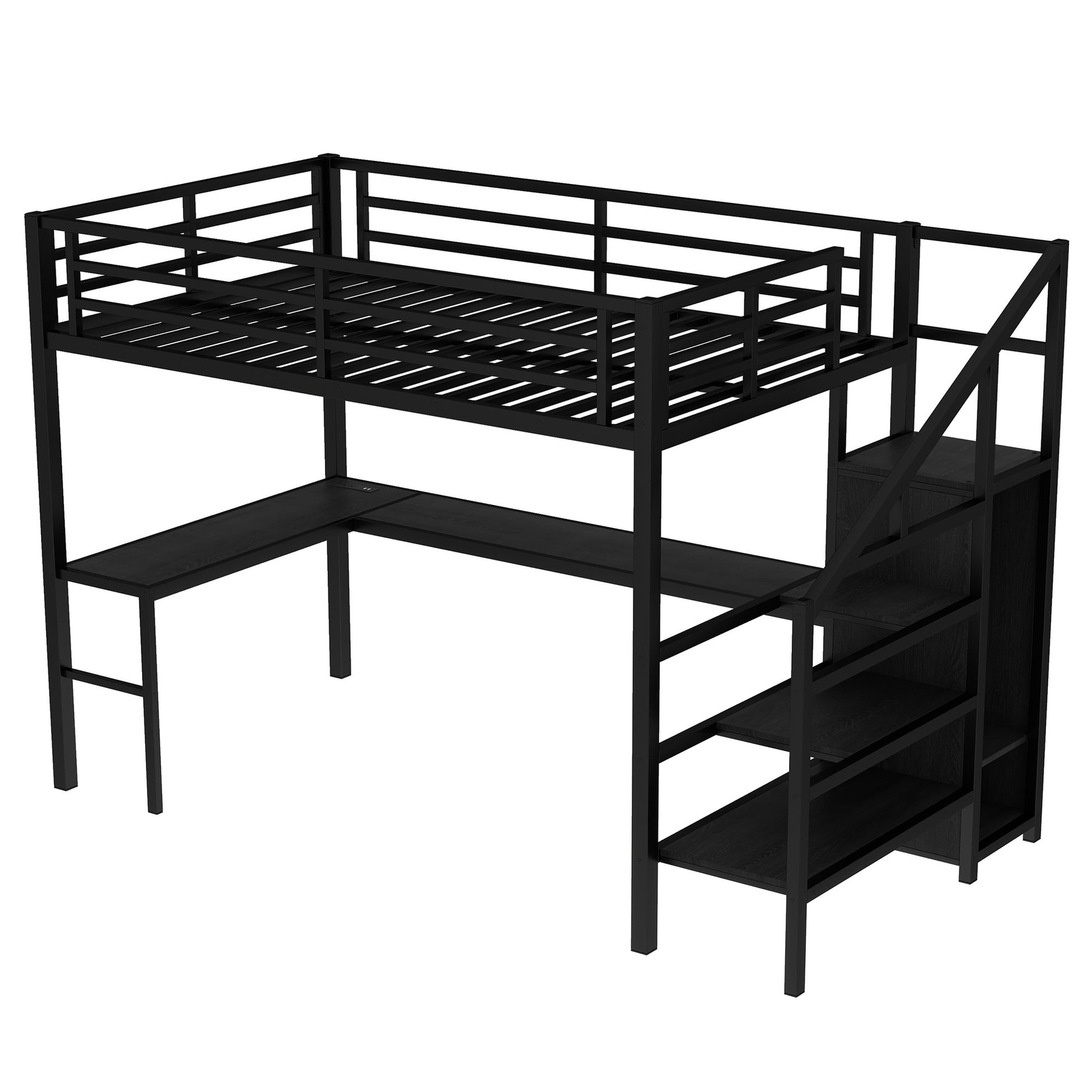 Full Size Loft Bed With L Shaped Desk And Usb, Metal Loft Bed With Wardrobe And Adjustable Shelf, High Loft Bed With Led For Kids Teens Adults, Black Full Black Metal