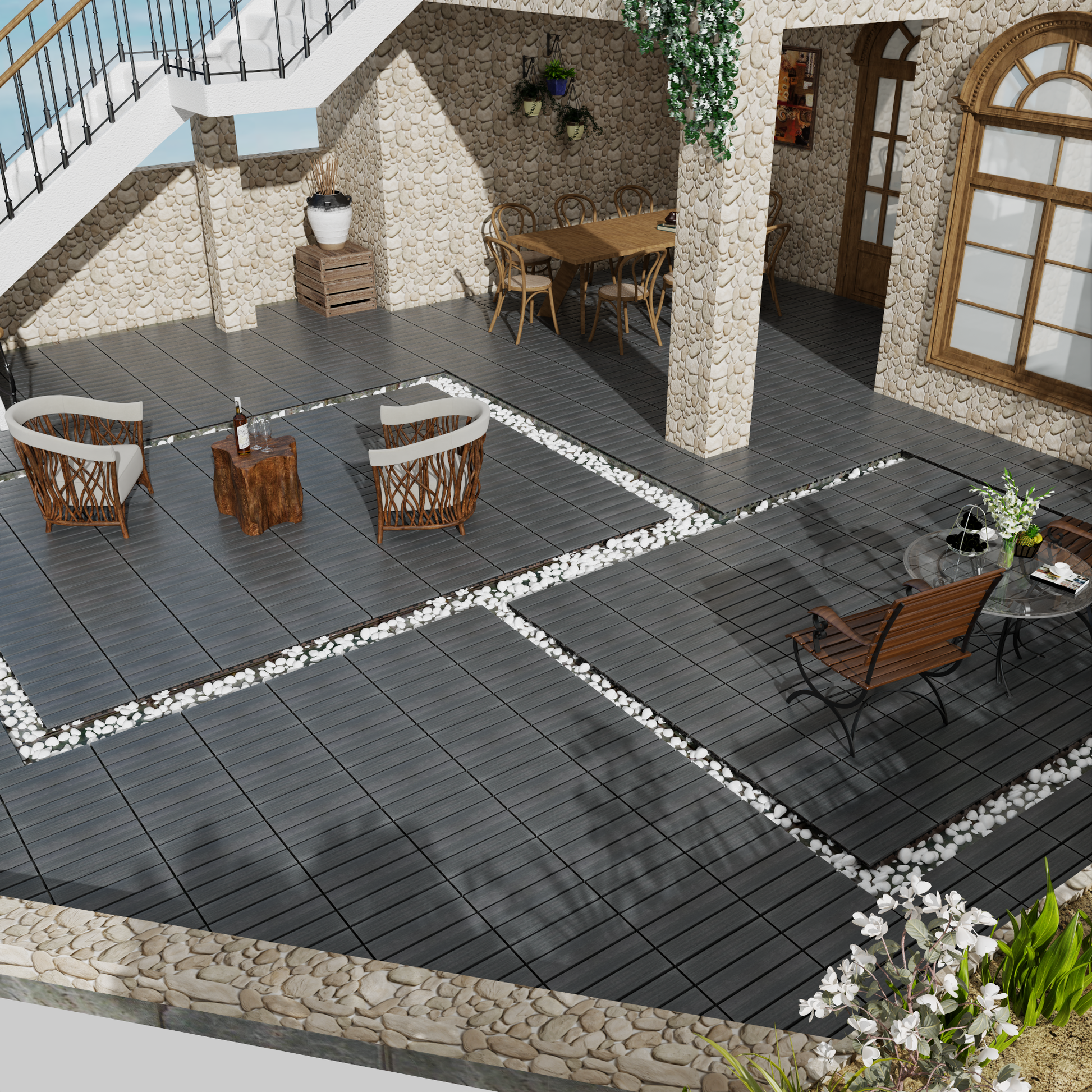 Patio Floor Tiles Pack Of 11 Wpc Wood Plastic Composite Patio Deck Tiles Diy Interlocking Decking Tiles, Quick Deck Floor Tile, Court Tile, Water Resistant Indoor Outdoor 11.8" Ash Dark Gray Plastic