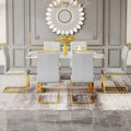 Table And Chair Set, Rock Plate Table Top, Gold Metal Table Legs, Stable And Beautiful, Suitable For Most Home Styles. Modern Simple Dining Table, Comfortable Seating. Grey Gold Seats 6 Sintered Stone
