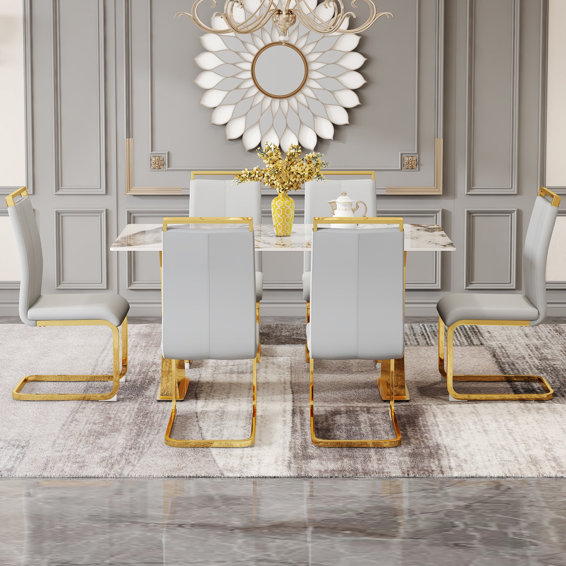 Table And Chair Set, Rock Plate Table Top, Gold Metal Table Legs, Stable And Beautiful, Suitable For Most Home Styles. Modern Simple Dining Table, Comfortable Seating. Grey Gold Seats 6 Sintered Stone