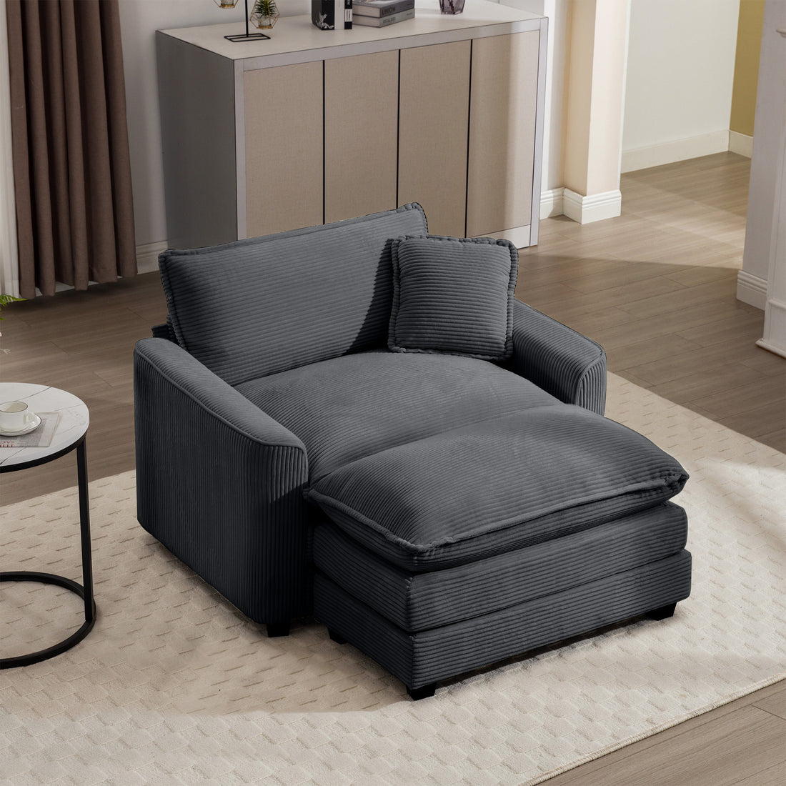 Comfortable Single Chair Deep Seat Sofa With Footstool With One Pillow, Suitable For Living Room And Bedroom, Club Multiple Occasions, Grey Corduroy Fabric Grey Corduroy 1 Seat