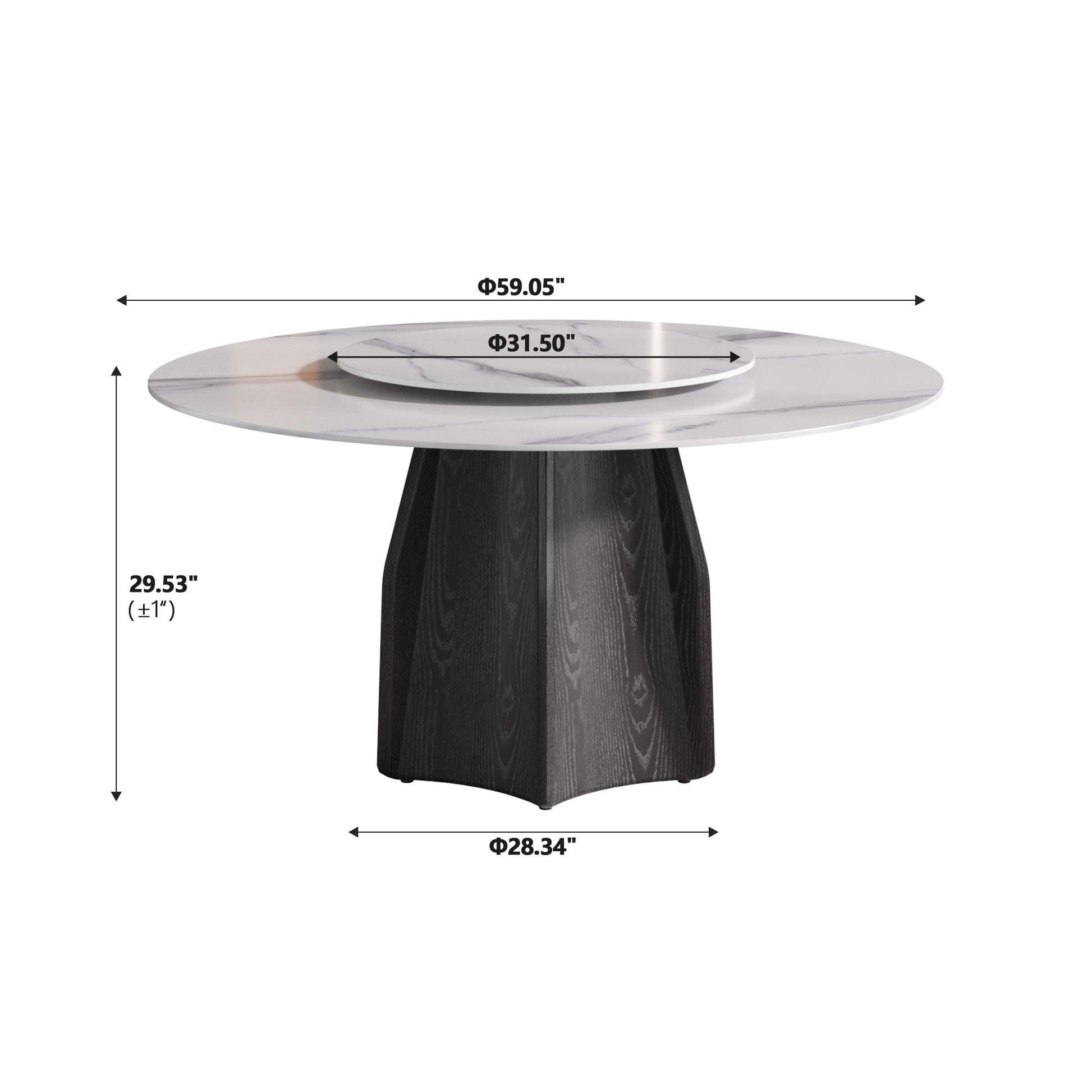59.05" Round Marble Dining Table With Black Textured Solid Wood Base, Artificial Marble For 6 8 People, 31.5"White Artificial Stone Turntable,White Dining Table Only Black,White Dining Room Modern