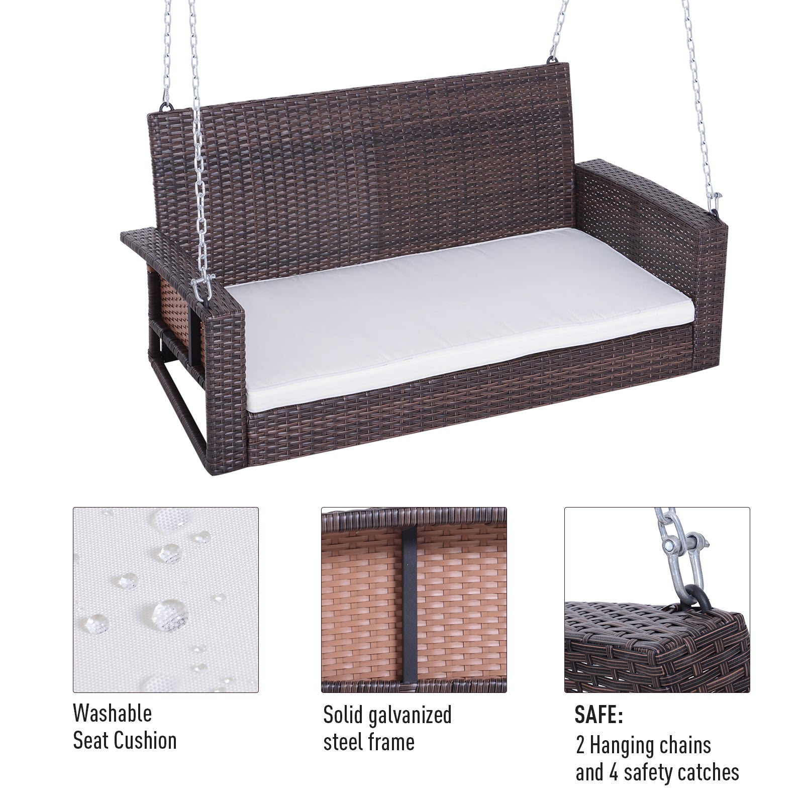 Outsunny 2 Person Wicker Hanging Swing Bench, Front Porch Swing Outdoor Chair With Cushions 550 Lbs. Weight Capacity For Backyard, Garden, Cream White Brown Rattan Metal