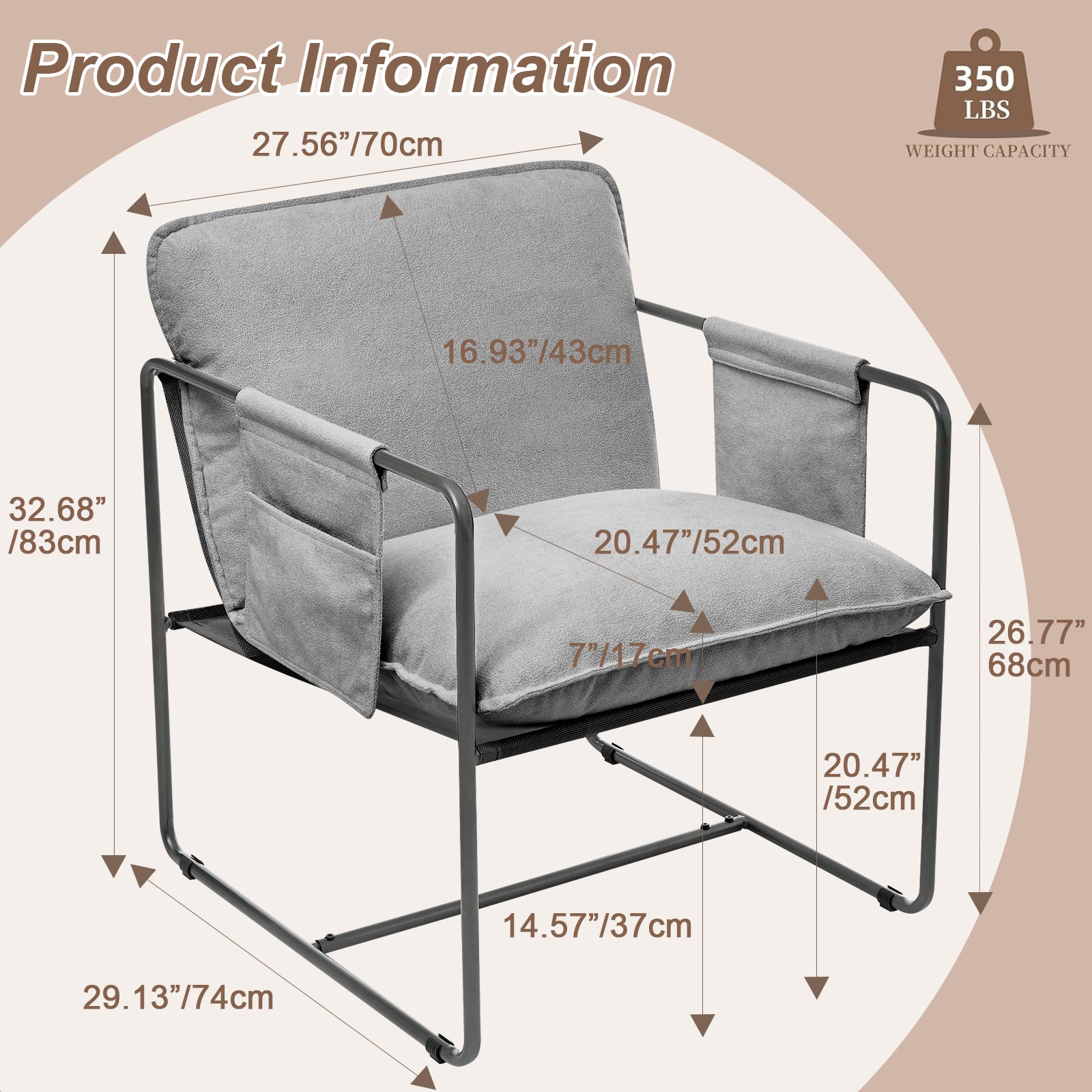 2 Sets 1 Case, Upholstered Hanging Armchair With Arm Pocket Metal Frame, Crushed Foamcushions And Skin Friendly Braid For Living Room And Bedroom. Grey Color Grey Foam Polyester