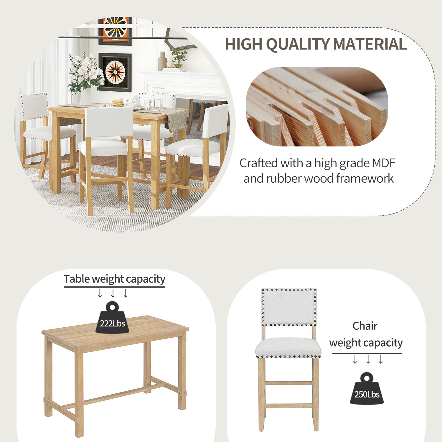 5 Piece Counter Height Dining Set, Classic Elegant Table And 4 Chairs In Natural Wood Wash Natural Wood Wash Solid Wood